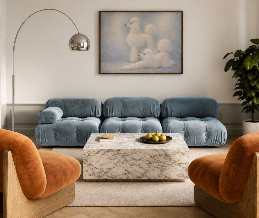 Poodle etiquette is a hand painted Minimalist Contemporary whimsical wall art print of two white poodles against a pastel blue background, inspired by quiet luxury interiors with expressive painterly texture. Minimalist Mid century modern figurative poodle dogs oil painting in cinematic nostalgia composition.