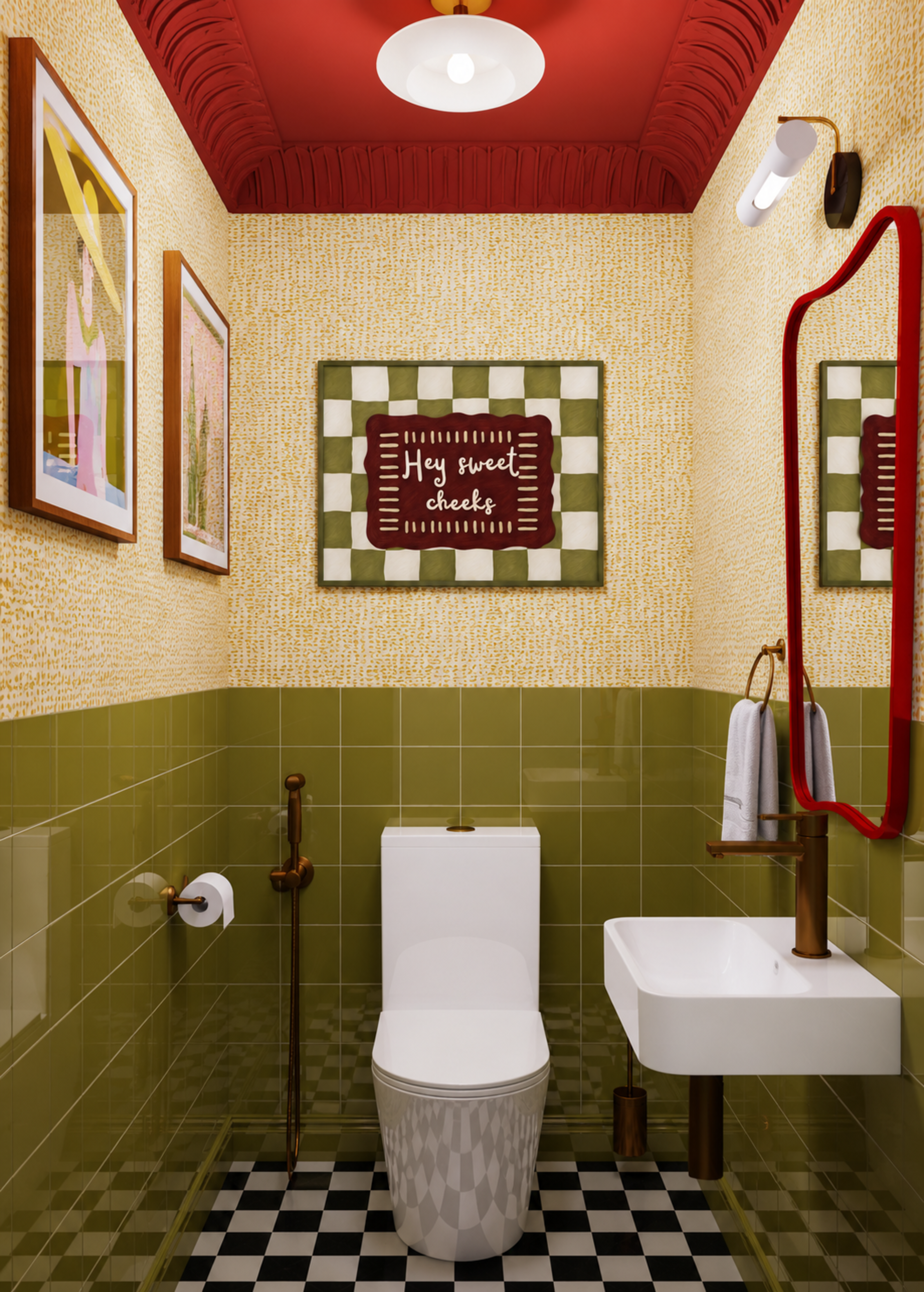 HEY SWEET CHEEKS is a whimsical Retro typography art print designed to bring humour, colour and personality into your bathroom and laundry room. Featuring vintage-inspired Checkered patterns and hand-lettered typography, this artwork captures the nostalgic charm while adding a playful decorative touch to modern interiors. this is a hand drawn Retro quote wall art, ideal for bathrooms, laundry room decor, and cheeky playful interiors. pink green