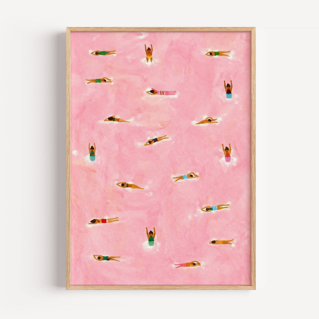 Tiny Swimmers at pool Art Print, Minimalist Tiny People Swimming in Pink Beach Painting, Girly Textured summer wall art, Aerial beach print