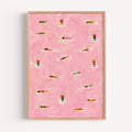 Tiny Swimmers at pool Art Print, Minimalist Tiny People Swimming in Pink Beach Painting, Girly Textured summer wall art, Aerial beach print
