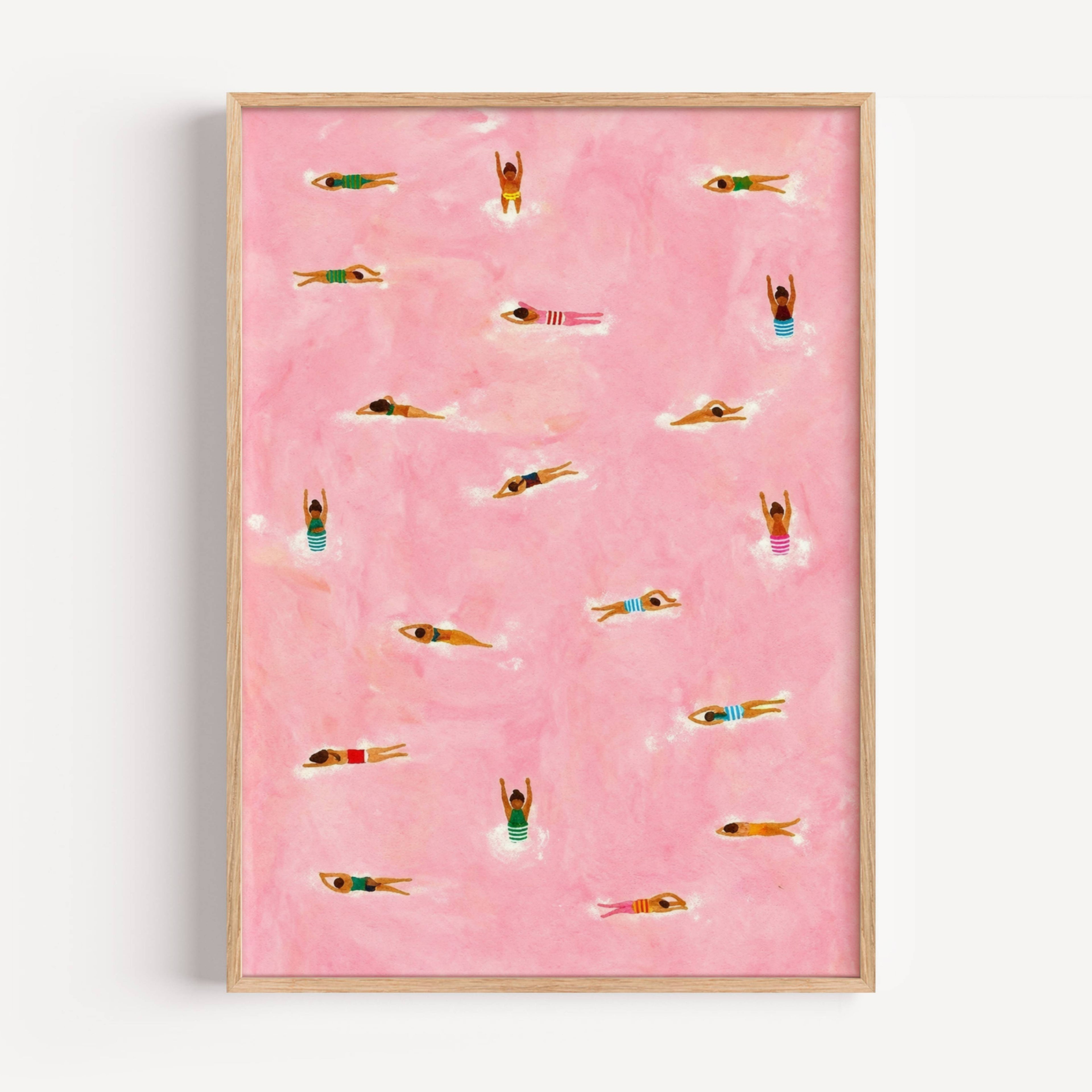Tiny Swimmers at pool Art Print, Minimalist Tiny People Swimming in Pink Beach Painting, Girly Textured summer wall art, Aerial beach print