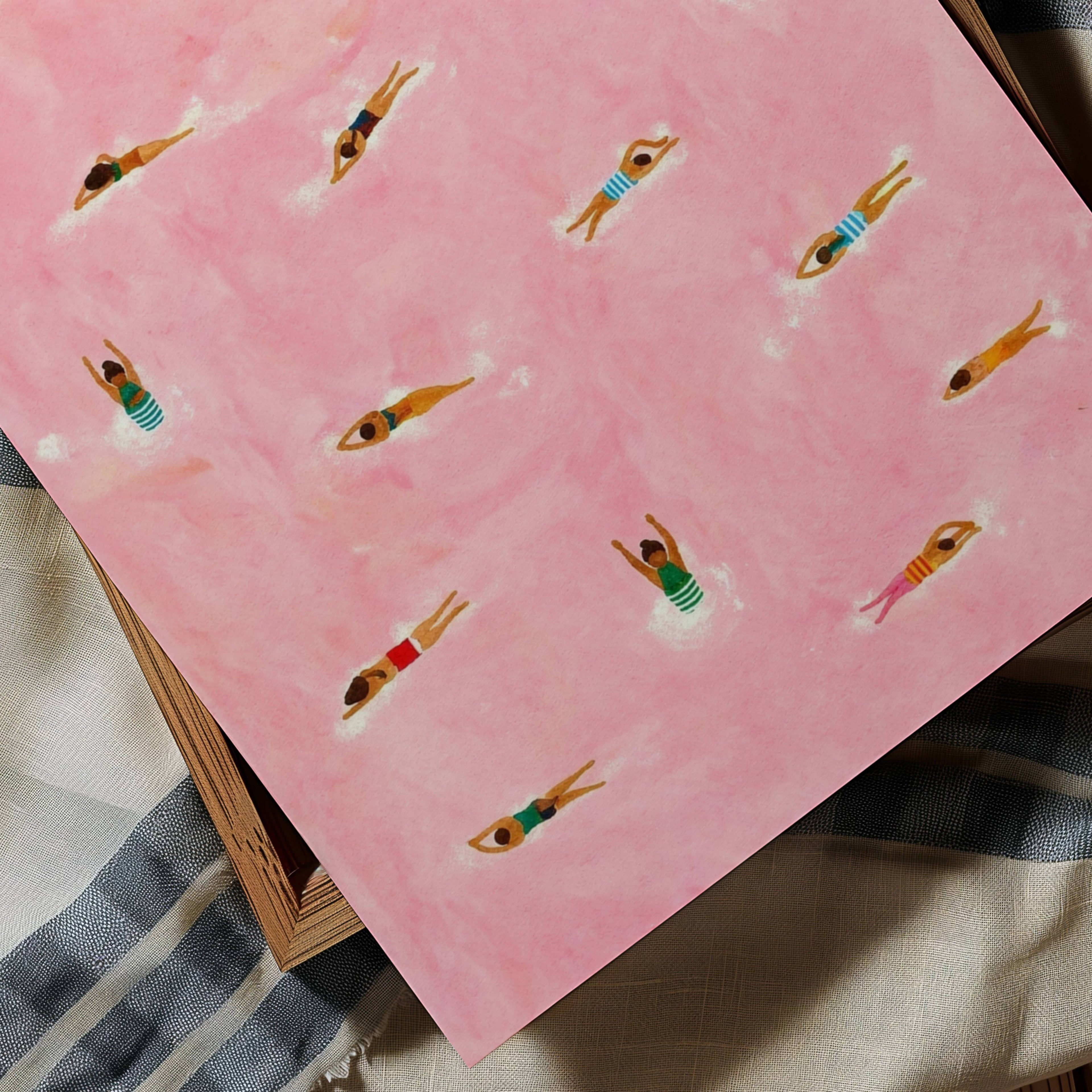 Tiny Swimmers at pool Art Print, Minimalist Tiny People Swimming in Pink Beach Painting, Girly Textured summer wall art, Aerial beach print