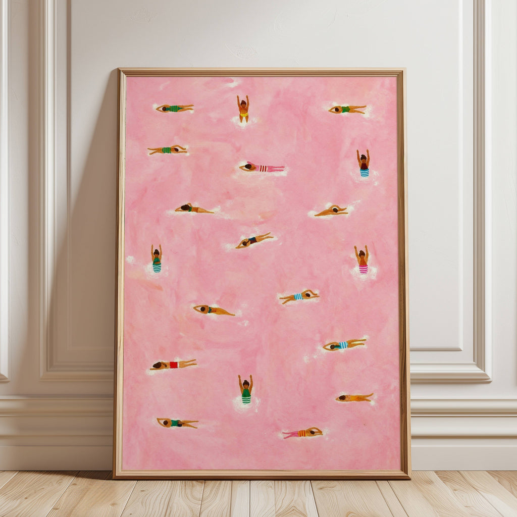 Tiny Swimmers at pool Art Print, Minimalist Tiny People Swimming in Pink Beach Painting, Girly Textured summer wall art, Aerial beach print
