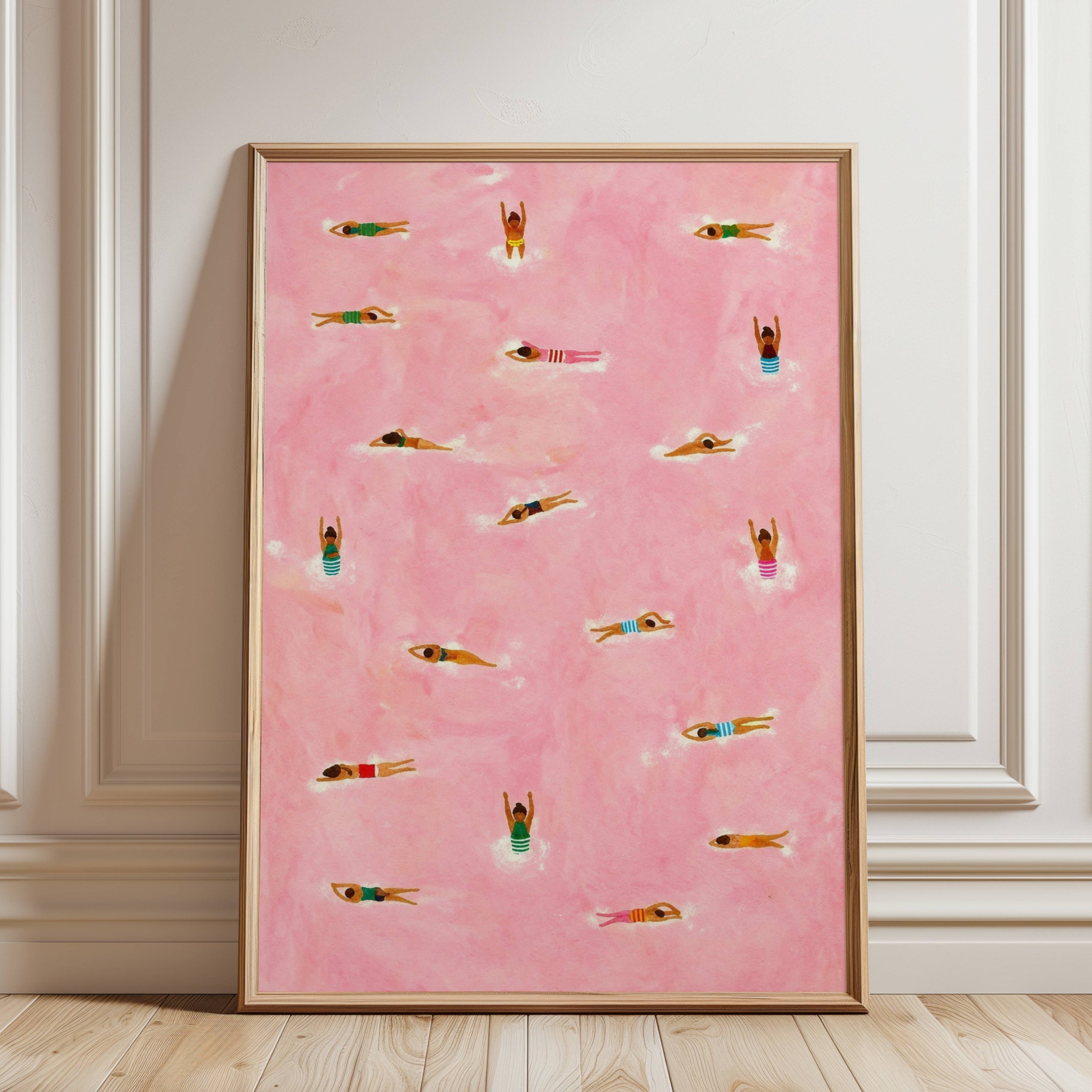 Tiny Swimmers at pool Art Print, Minimalist Tiny People Swimming in Pink Beach Painting, Girly Textured summer wall art, Aerial beach print