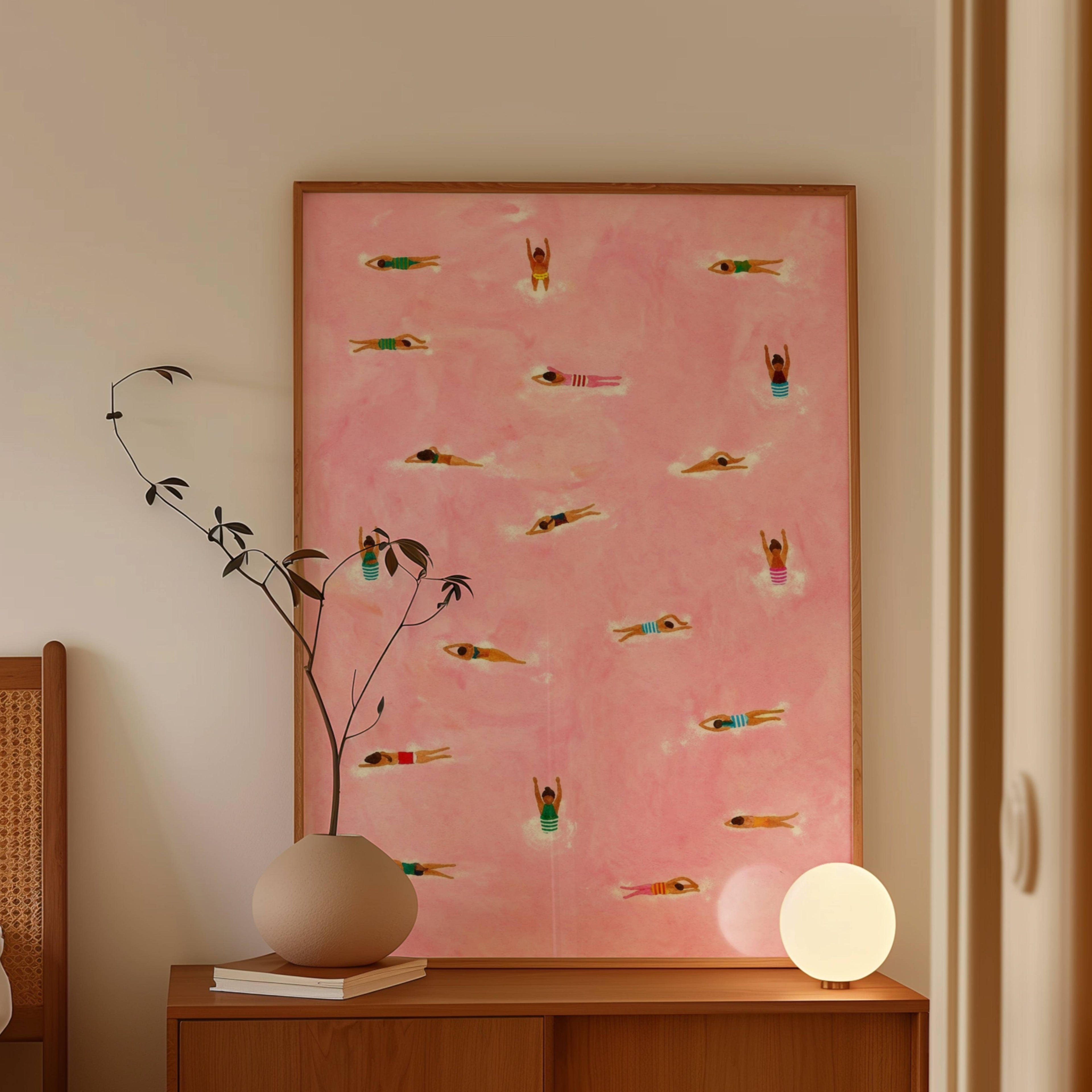 Tiny Swimmers at pool Art Print, Minimalist Tiny People Swimming in Pink Beach Painting, Girly Textured summer wall art, Aerial beach print