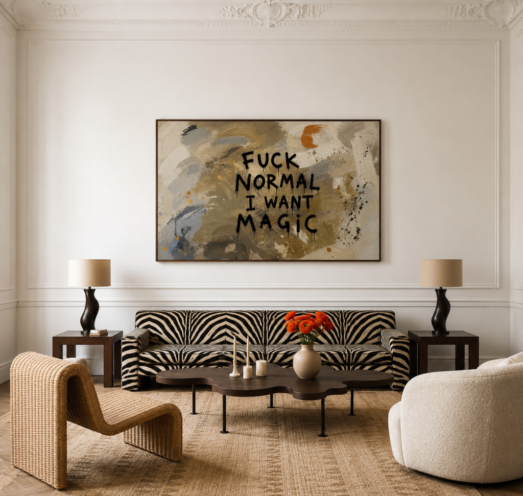 hand drawn Trendy typography abstract print with the quote "FUCK NORMAL, I WANT MAGIC" in a textured abstract painted canva in khaki colors. This is a trendy grafitti style typography wall art print ideal for above bed, bedrooms, dorm room decor, living rooms and kitchens, gallery walls and playful interiors. The perfect Cool Girl Apartment decor