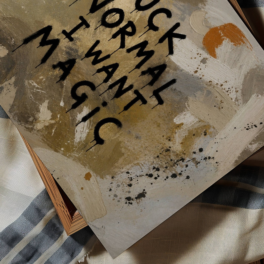 hand drawn Trendy typography abstract print with the quote "FUCK NORMAL, I WANT MAGIC" in a textured abstract painted canva in khaki colors. This is a trendy grafitti style typography wall art print ideal for above bed, bedrooms, dorm room decor, living rooms and kitchens, gallery walls and playful interiors. The perfect Cool Girl Apartment decor
