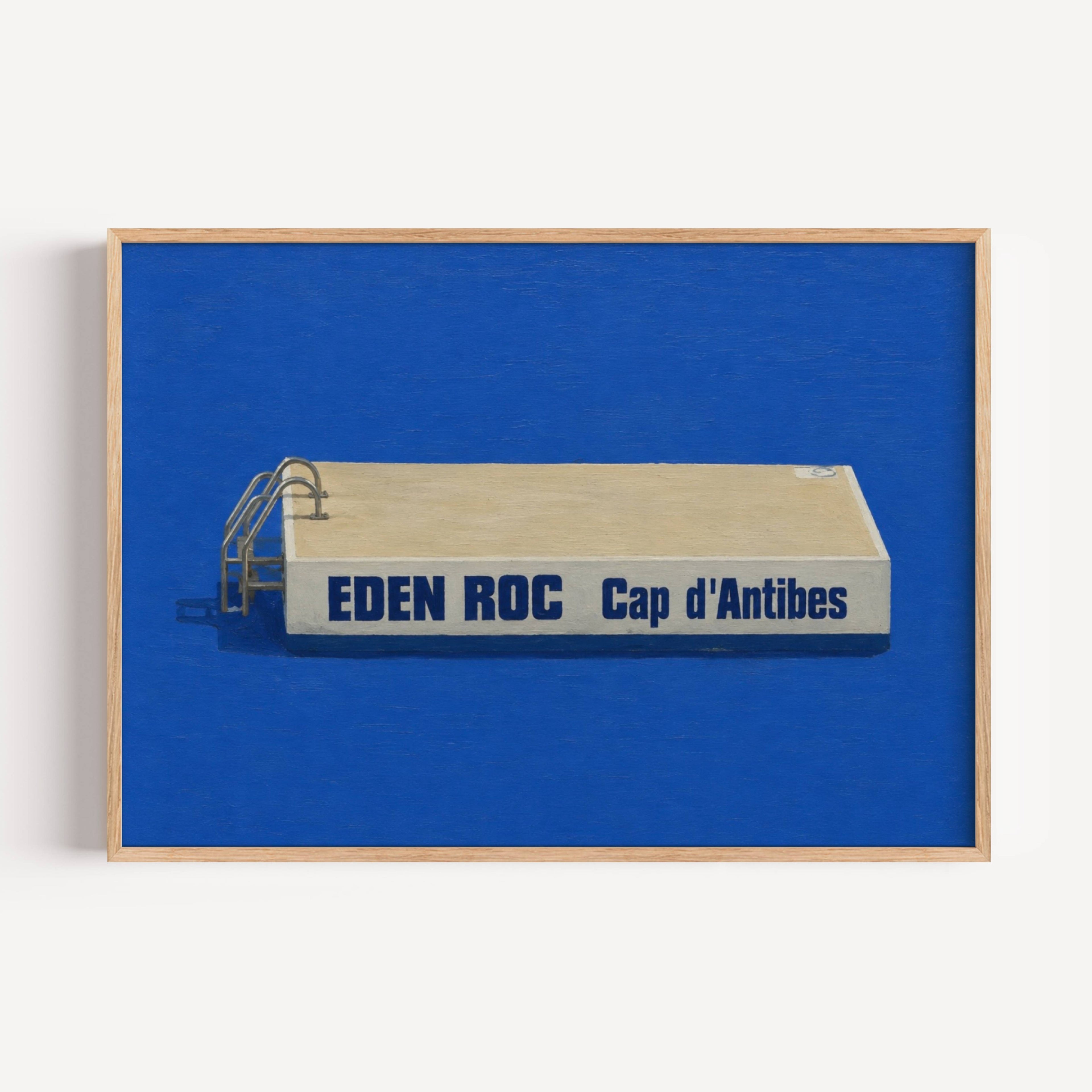 Inspired by the iconic diving platform at Hôtel du Cap-Eden-Roc, this artwork captures the quiet luxury and timeless elegance of the French Riviera. The striking contrast between the crisp architectural form and the endless Mediterranean blue transforms a familiar landmark into a minimalist statement piece.
Eden Roc celebrates slow summers, saltwater mornings and the understated glamour of the Côte d’Azur. Its clean composition and rich cobalt palette make it equally suited to modern interiors, coastal home