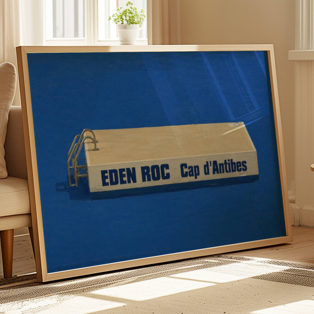 Inspired by the iconic diving platform at Hôtel du Cap-Eden-Roc, this artwork captures the quiet luxury and timeless elegance of the French Riviera. The striking contrast between the crisp architectural form and the endless Mediterranean blue transforms a familiar landmark into a minimalist statement piece.
Eden Roc celebrates slow summers, saltwater mornings and the understated glamour of the Côte d’Azur. Its clean composition and rich cobalt palette make it equally suited to modern interiors, coastal home