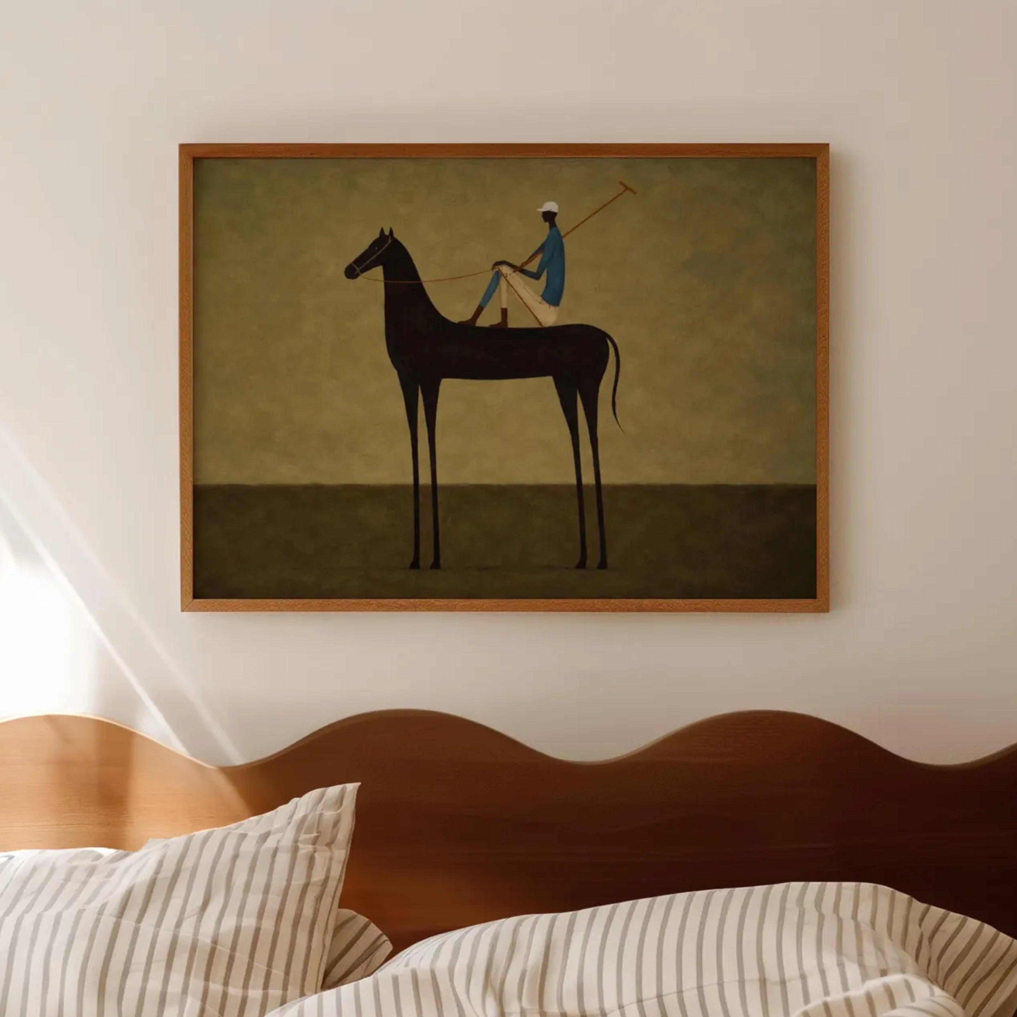 Minimalist Figurative Polo Horse Art print featuring a Polo Player Rider in earthy khaki tones and painterly texture. This is a Hand drawn oil painting print