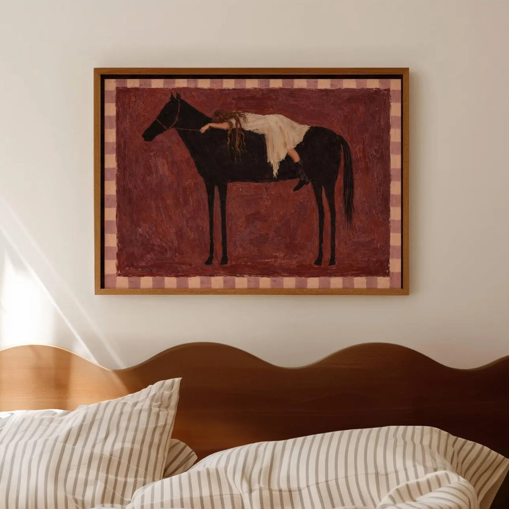 Held by the Horse is a symbolic Western Horse Artwork featuring a restiing female figure on a dark horse in Ruby Burgundy tones