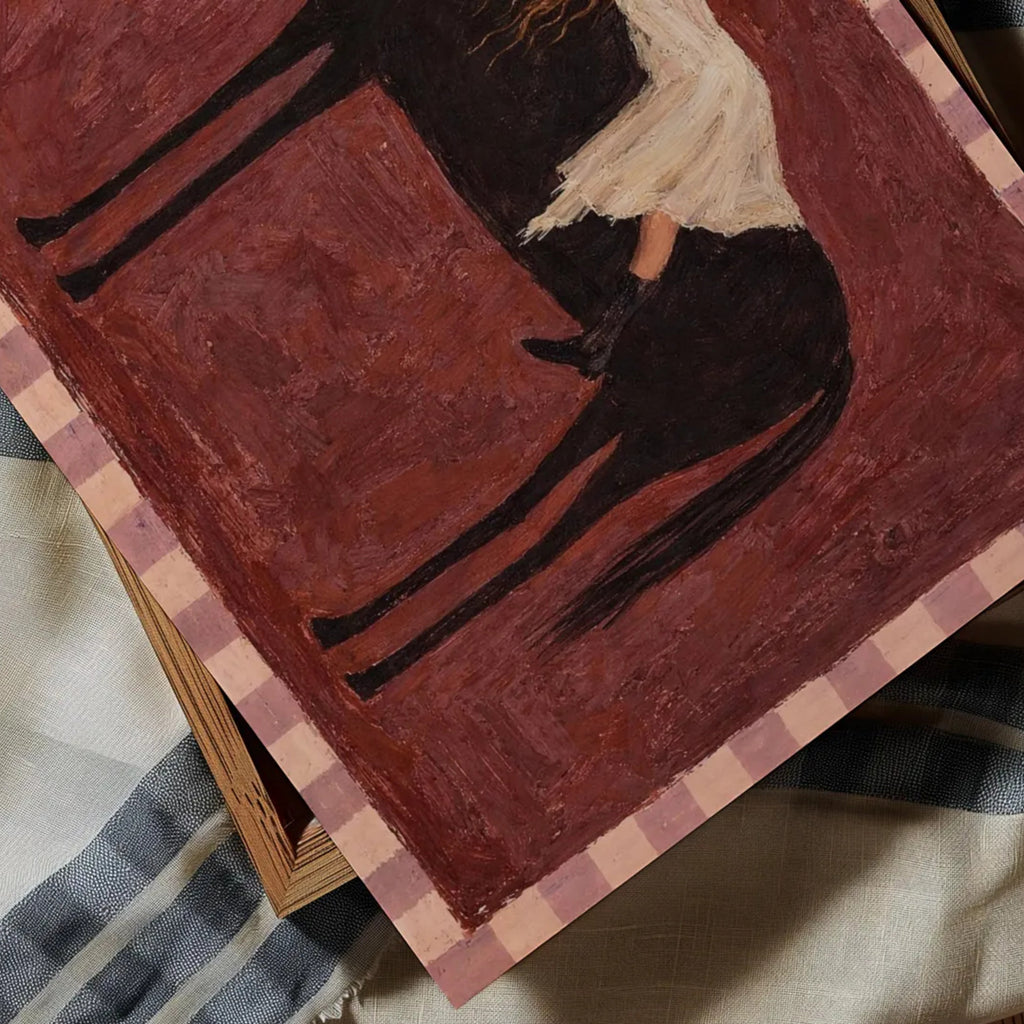 Held by the Horse is a symbolic Western Horse Artwork featuring a restiing female figure on a dark horse in Ruby Burgundy tones