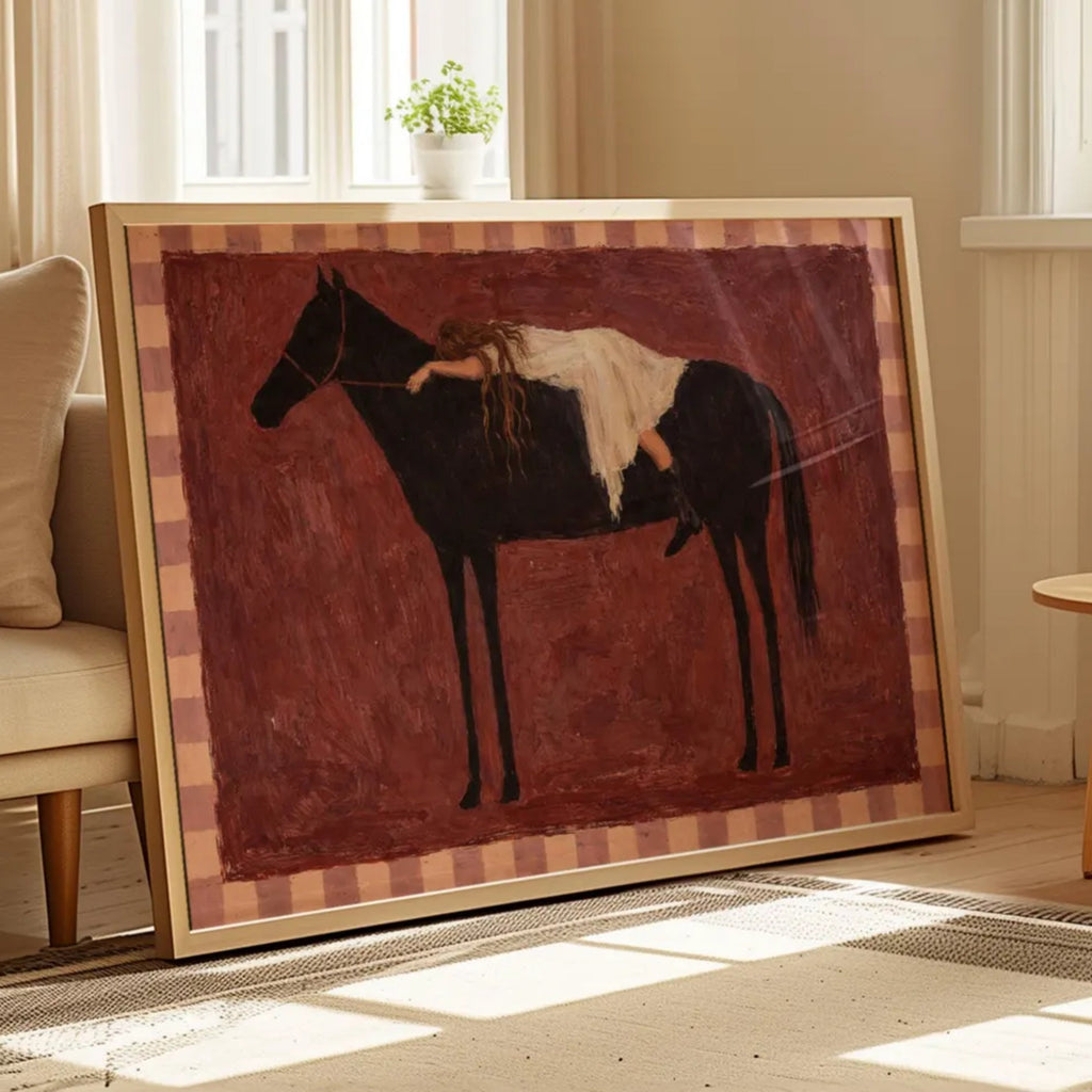 Held by the Horse is a symbolic Western Horse Artwork featuring a restiing female figure on a dark horse in Ruby Burgundy tones