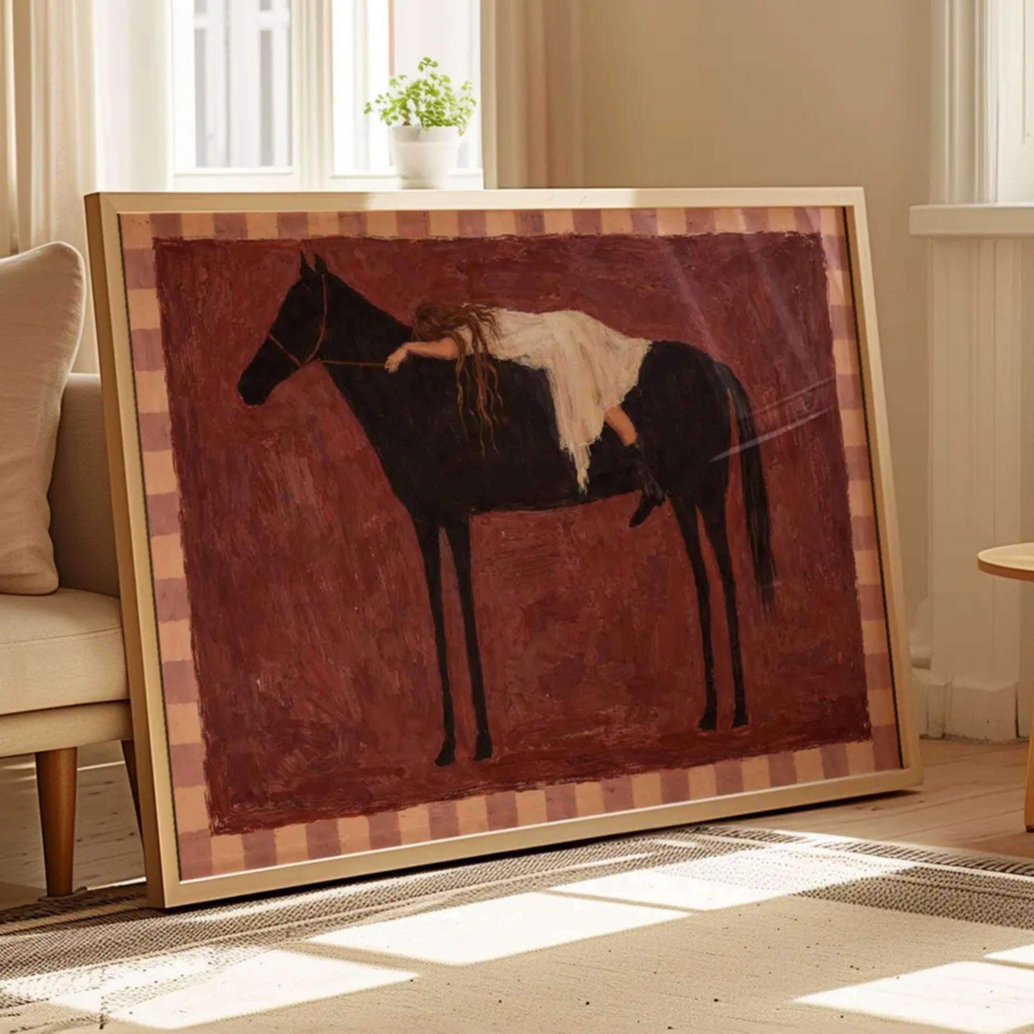 Held by the Horse is a symbolic Western Horse Artwork featuring a restiing female figure on a dark horse in Ruby Burgundy tones