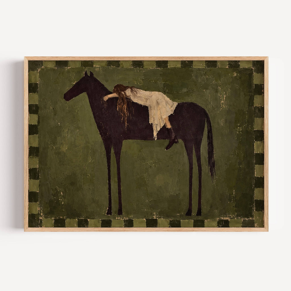 Held by the Horse is a symbolic Western Horse Artwork featuring a restiing female figure on a dark horse in earthy khaki tones