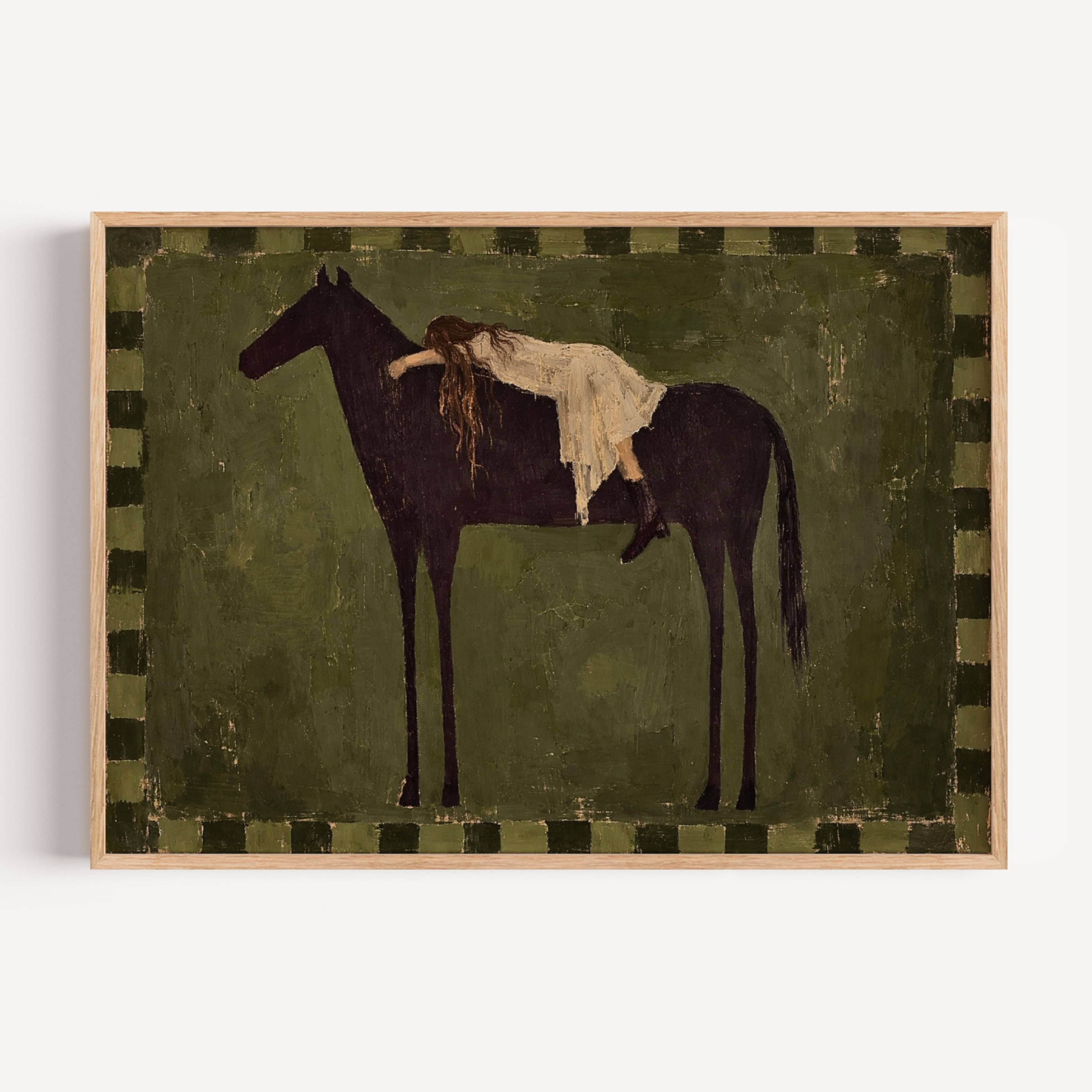 Held by the Horse is a symbolic Western Horse Artwork featuring a restiing female figure on a dark horse in earthy khaki tones
