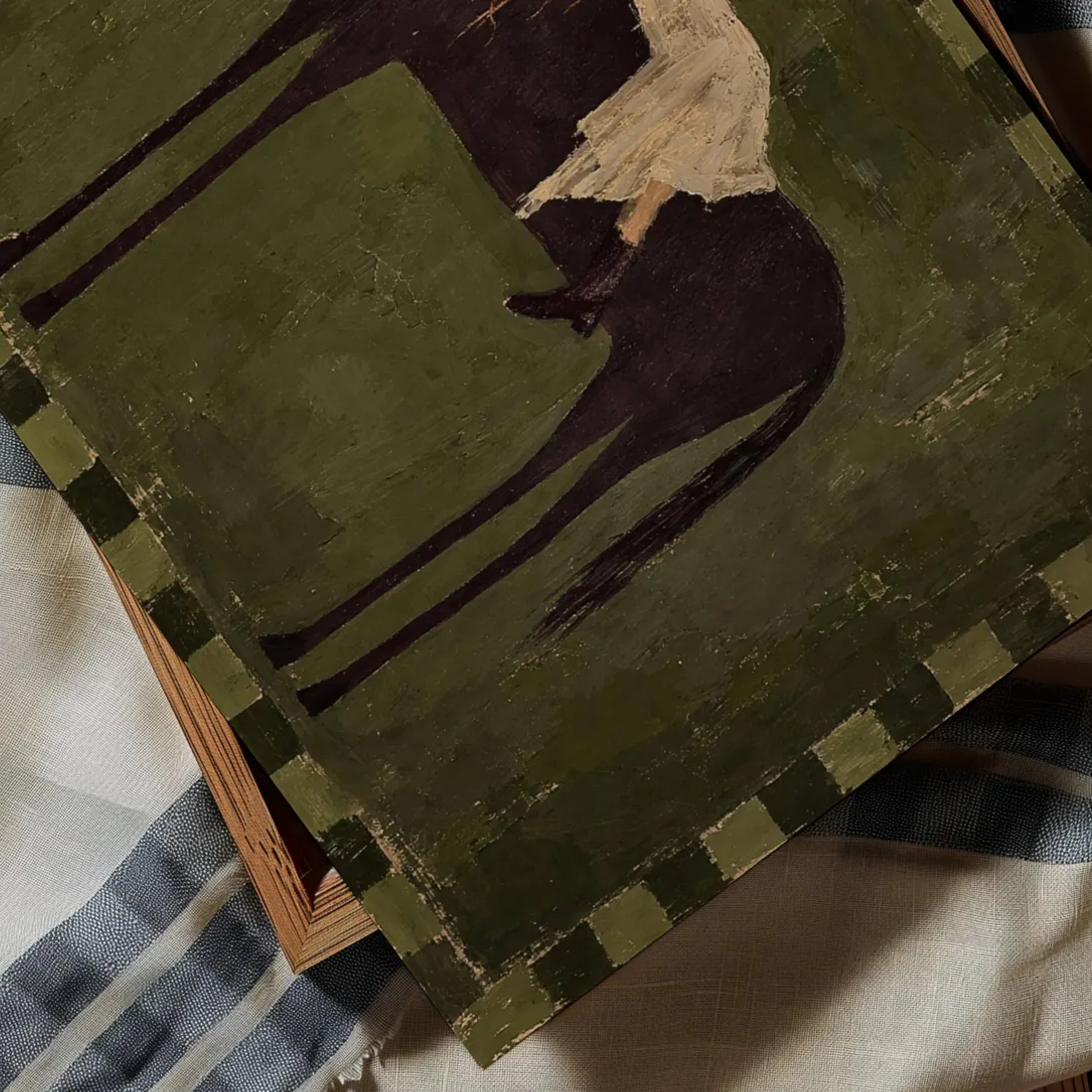 Held by the Horse is a symbolic Western Horse Artwork featuring a restiing female figure on a dark horse in Earthy Khaki tones