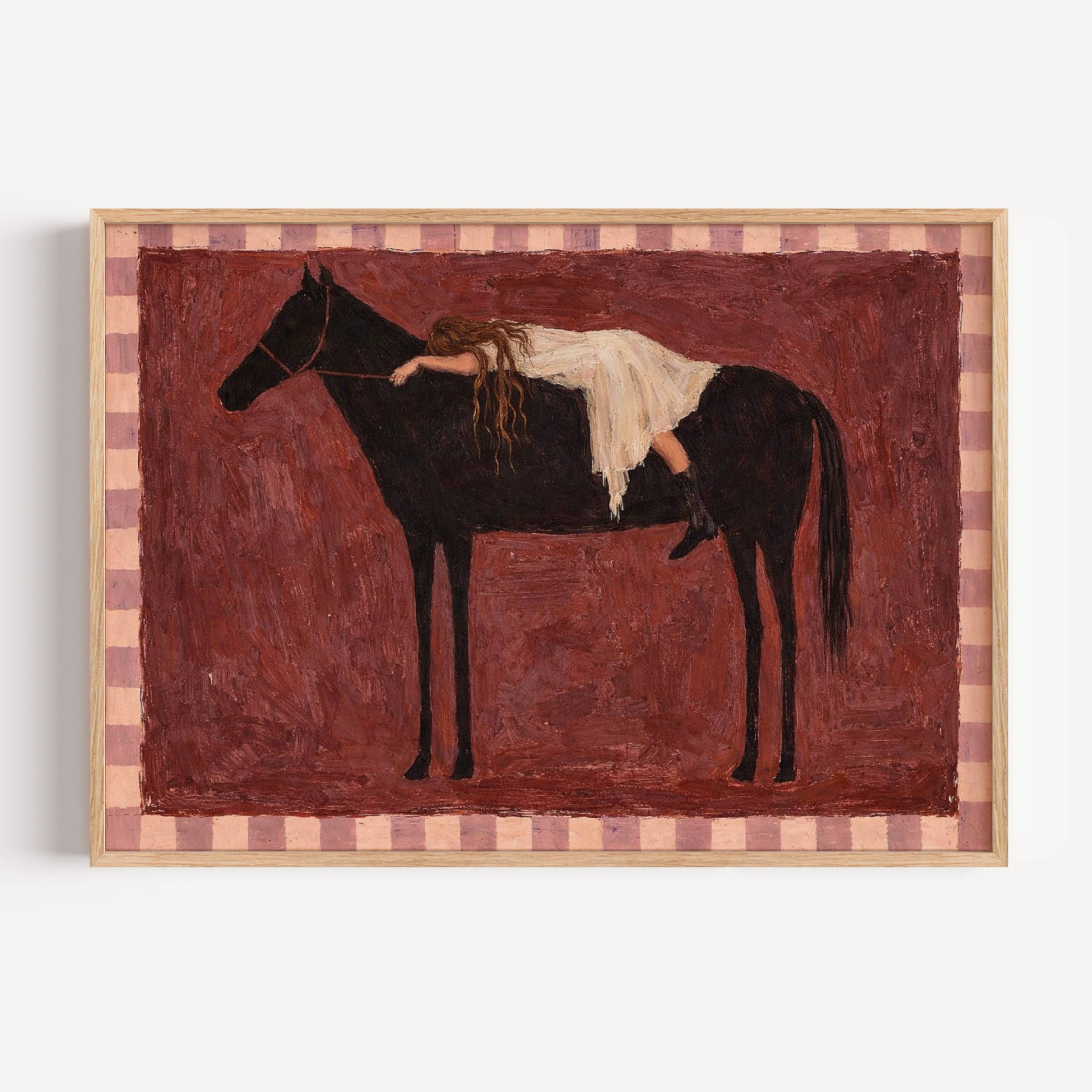 Held by the Horse is a symbolic Western Horse Artwork featuring a restiing female figure on a dark horse in Ruby Burgundy tones