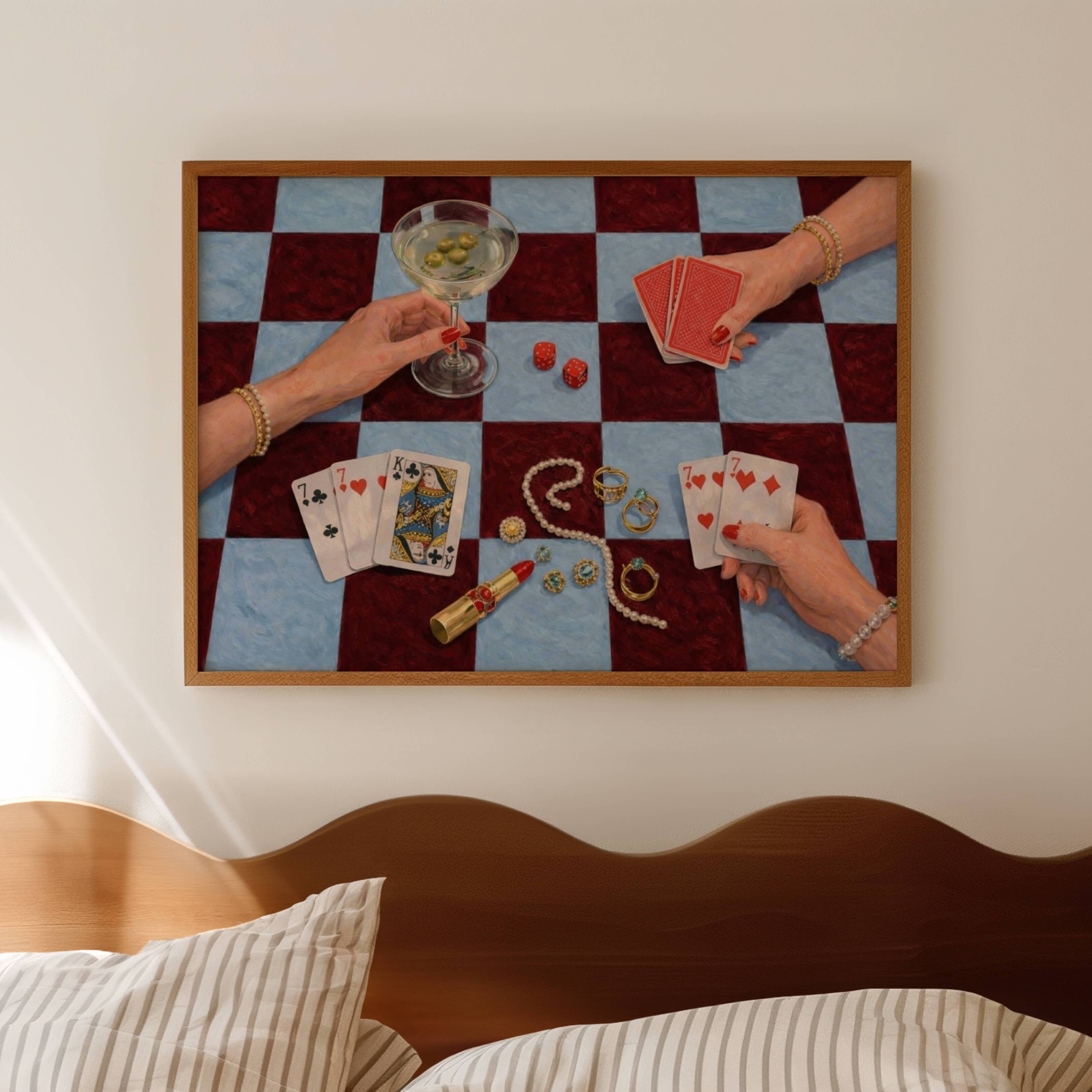 House always wins is a hand painted wall art print featuring a still life table with hands playing card games, in checkerboard blue and burgundy tones, inspired by Poker Night Casino aesthetic, Martinis and feminine rituals, celebrating poker, pearls and playful luxury. Horizontal poker night casino still life table oil painting wall art print