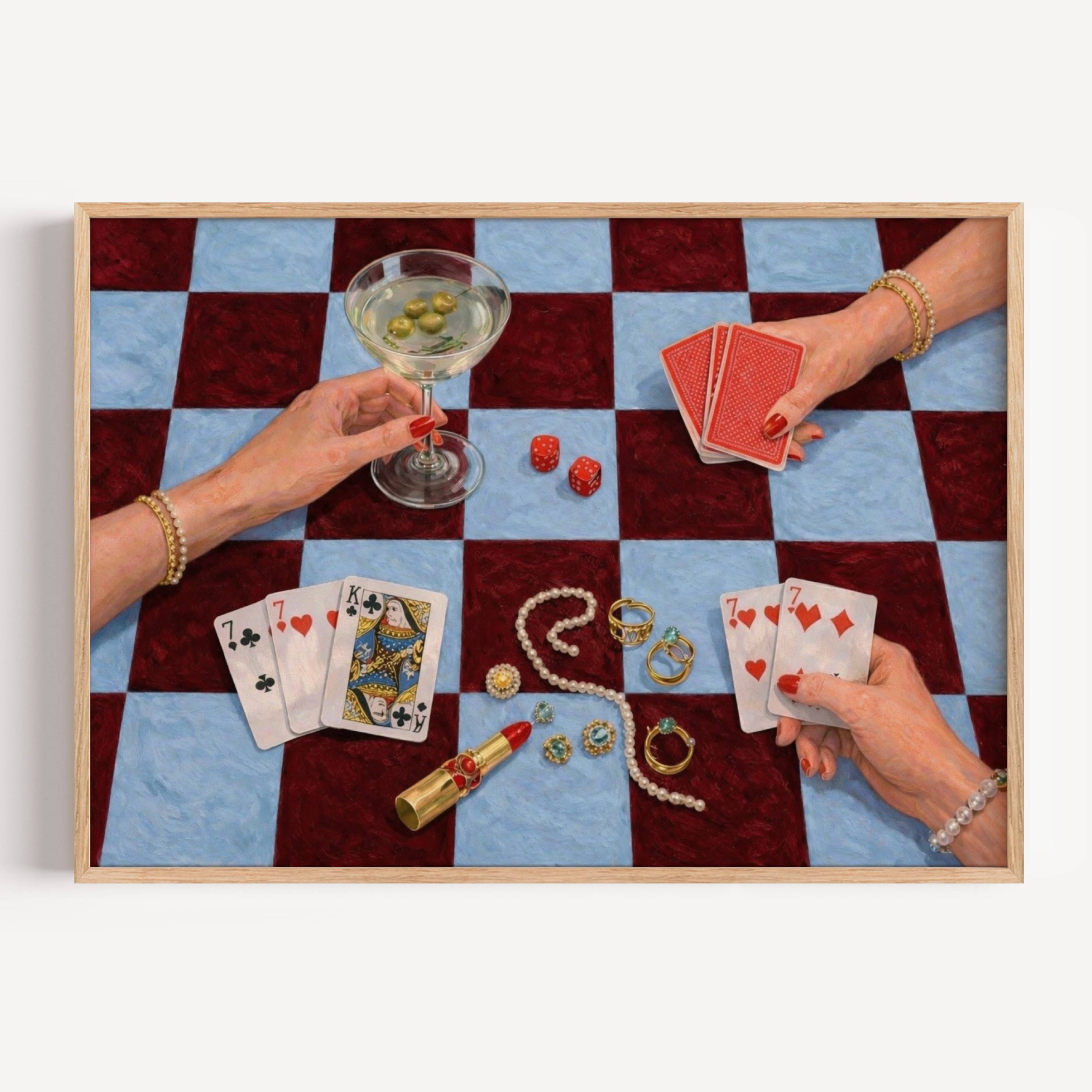 House always wins is a hand painted wall art print featuring a still life table with hands playing card games, in checkerboard blue and burgundy tones, inspired by Poker Night Casino aesthetic, Martinis and feminine rituals, celebrating poker, pearls and playful luxury. Horizontal poker night casino still life table oil painting wall art print