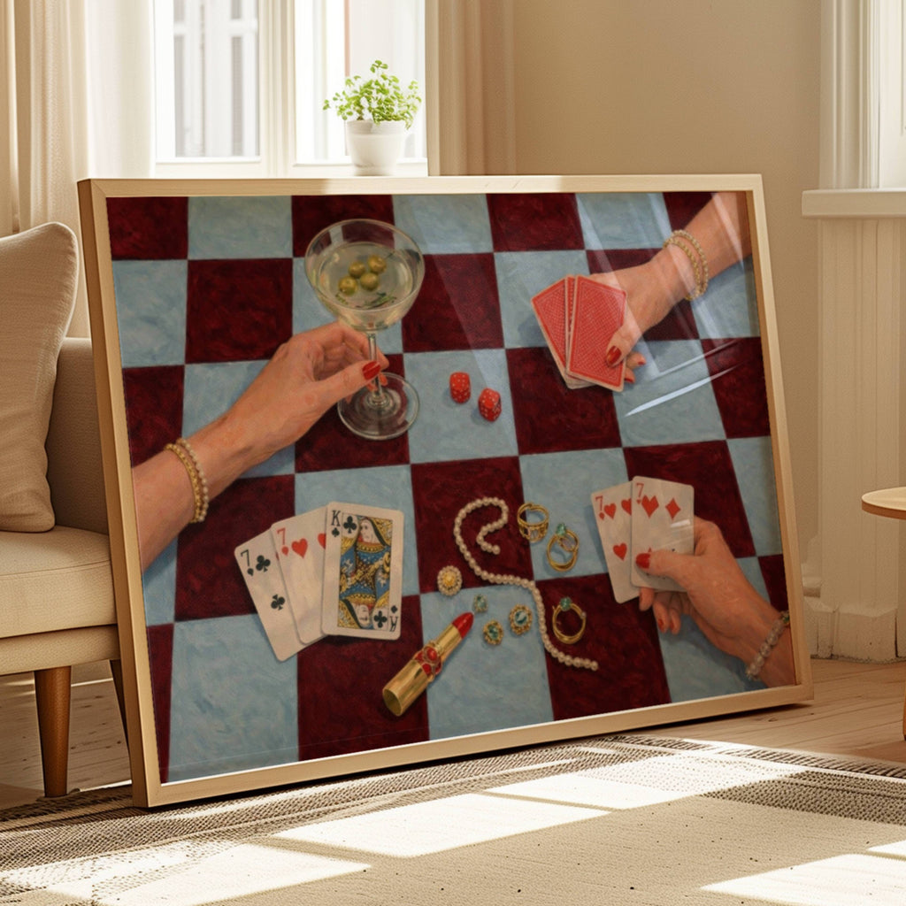 House always wins is a hand painted wall art print featuring a still life table with hands playing card games, in checkerboard blue and burgundy tones, inspired by Poker Night Casino aesthetic, Martinis and feminine rituals, celebrating poker, pearls and playful luxury. Horizontal poker night casino still life table oil painting wall art print