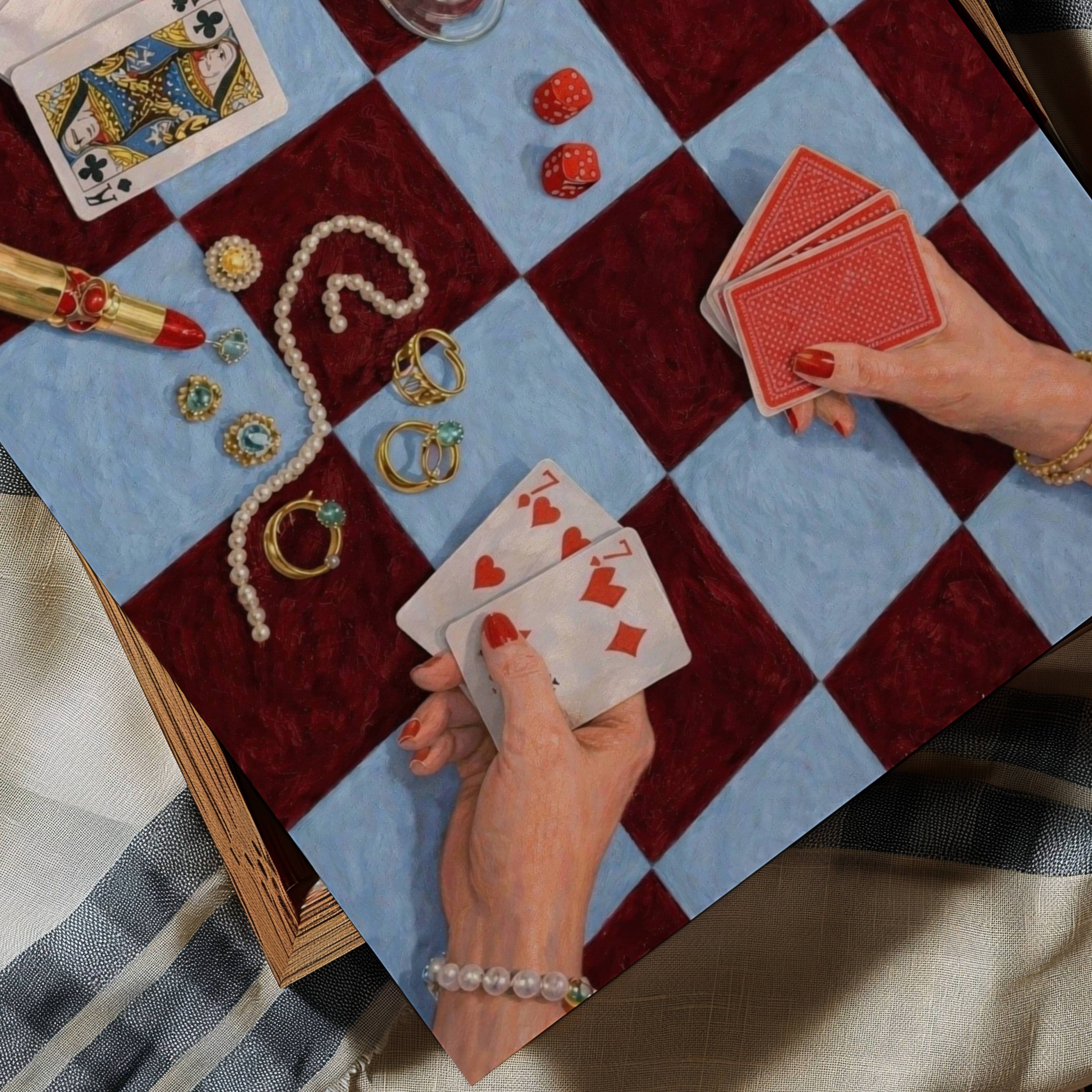 House always wins is a hand painted wall art print featuring a still life table with hands playing card games, in checkerboard blue and burgundy tones, inspired by Poker Night Casino aesthetic, Martinis and feminine rituals, celebrating poker, pearls and playful luxury. Horizontal poker night casino still life table oil painting wall art print