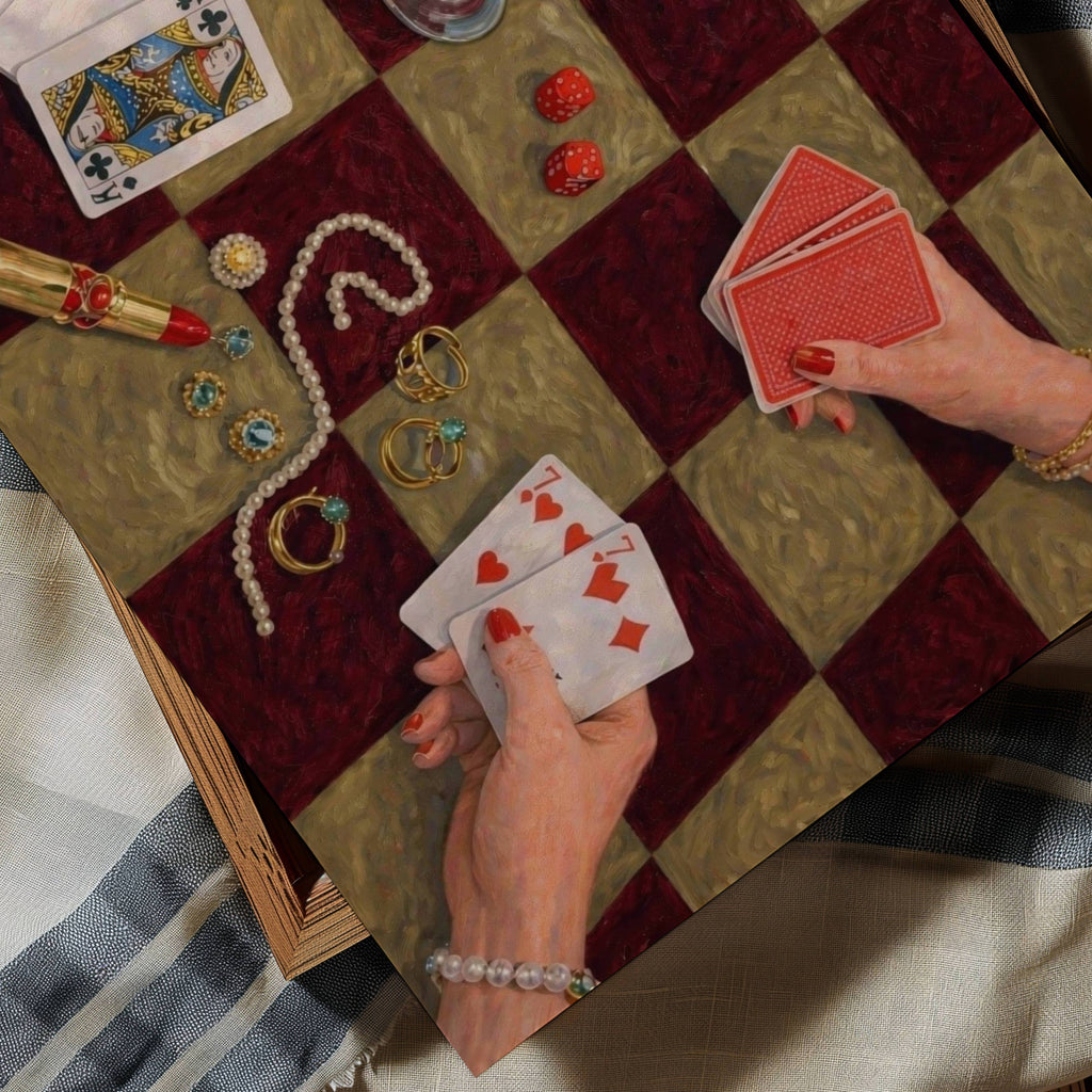 House always wins is a hand painted wall art print featuring a still life table with hands playing card games, in checkerboard khaki and burgundy tones, inspired by Poker Night Casino aesthetic, Martinis and feminine rituals, celebrating poker, pearls and playful luxury. Horizontal poker night casino still life table oil painting wall art print