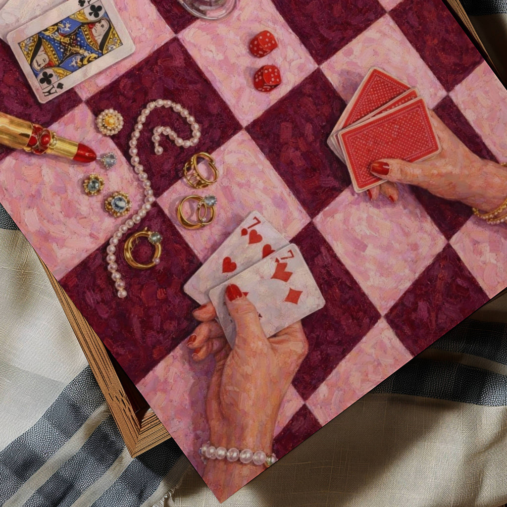 House always wins is a hand painted wall art print featuring a still life table with hands playing card games, in checkerboard pink and burgundy tones, inspired by Poker Night Casino aesthetic, Martinis and feminine rituals, celebrating poker, pearls and playful luxury. Horizontal poker night casino still life table oil painting wall art print