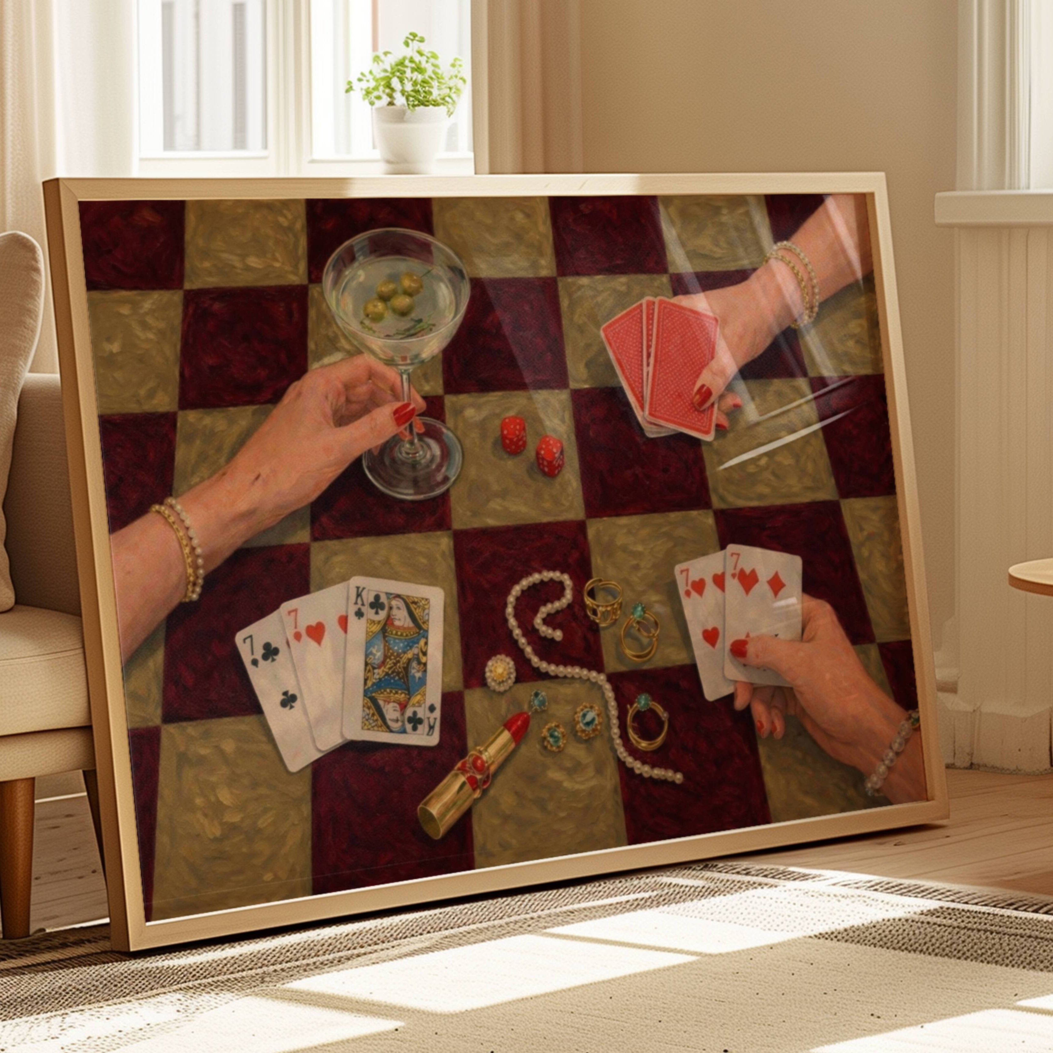 House always wins is a hand painted wall art print featuring a still life table with hands playing card games, in checkerboard khaki and burgundy tones, inspired by Poker Night Casino aesthetic, Martinis and feminine rituals, celebrating poker, pearls and playful luxury. Horizontal poker night casino still life table oil painting wall art print