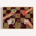 House always wins is a hand painted wall art print featuring a still life table with hands playing card games, in checkerboard khaki and burgundy tones, inspired by Poker Night Casino aesthetic, Martinis and feminine rituals, celebrating poker, pearls and playful luxury. Horizontal poker night casino still life table oil painting wall art print