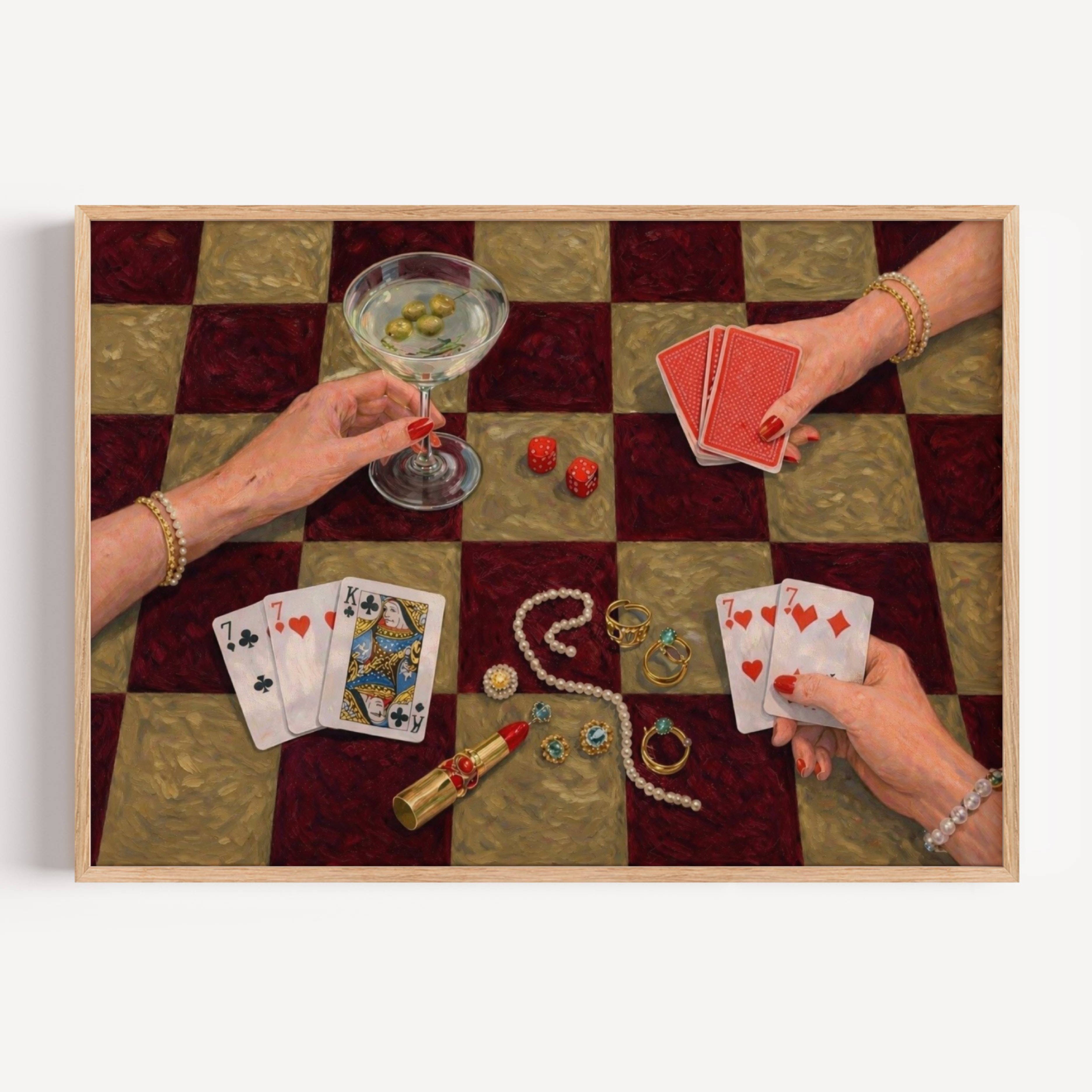 House always wins is a hand painted wall art print featuring a still life table with hands playing card games, in checkerboard khaki and burgundy tones, inspired by Poker Night Casino aesthetic, Martinis and feminine rituals, celebrating poker, pearls and playful luxury. Horizontal poker night casino still life table oil painting wall art print