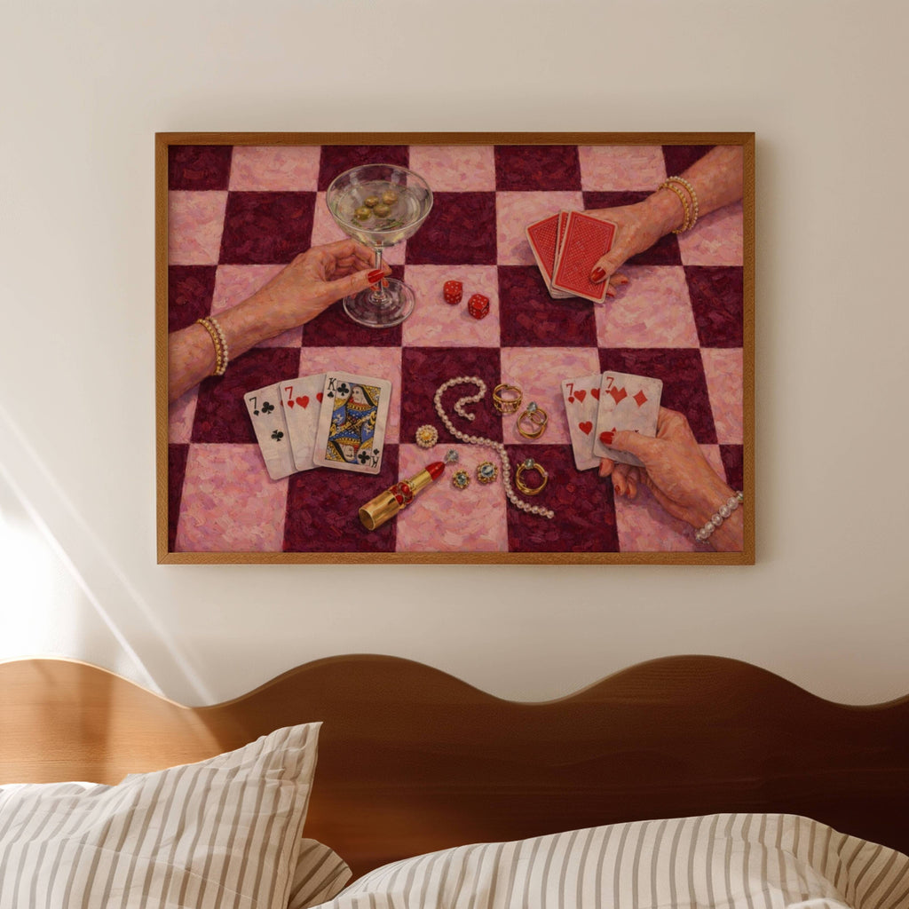 House always wins is a hand painted wall art print featuring a still life table with hands playing card games, in checkerboard pink and burgundy tones, inspired by Poker Night Casino aesthetic, Martinis and feminine rituals, celebrating poker, pearls and playful luxury. Horizontal poker night casino still life table oil painting wall art print