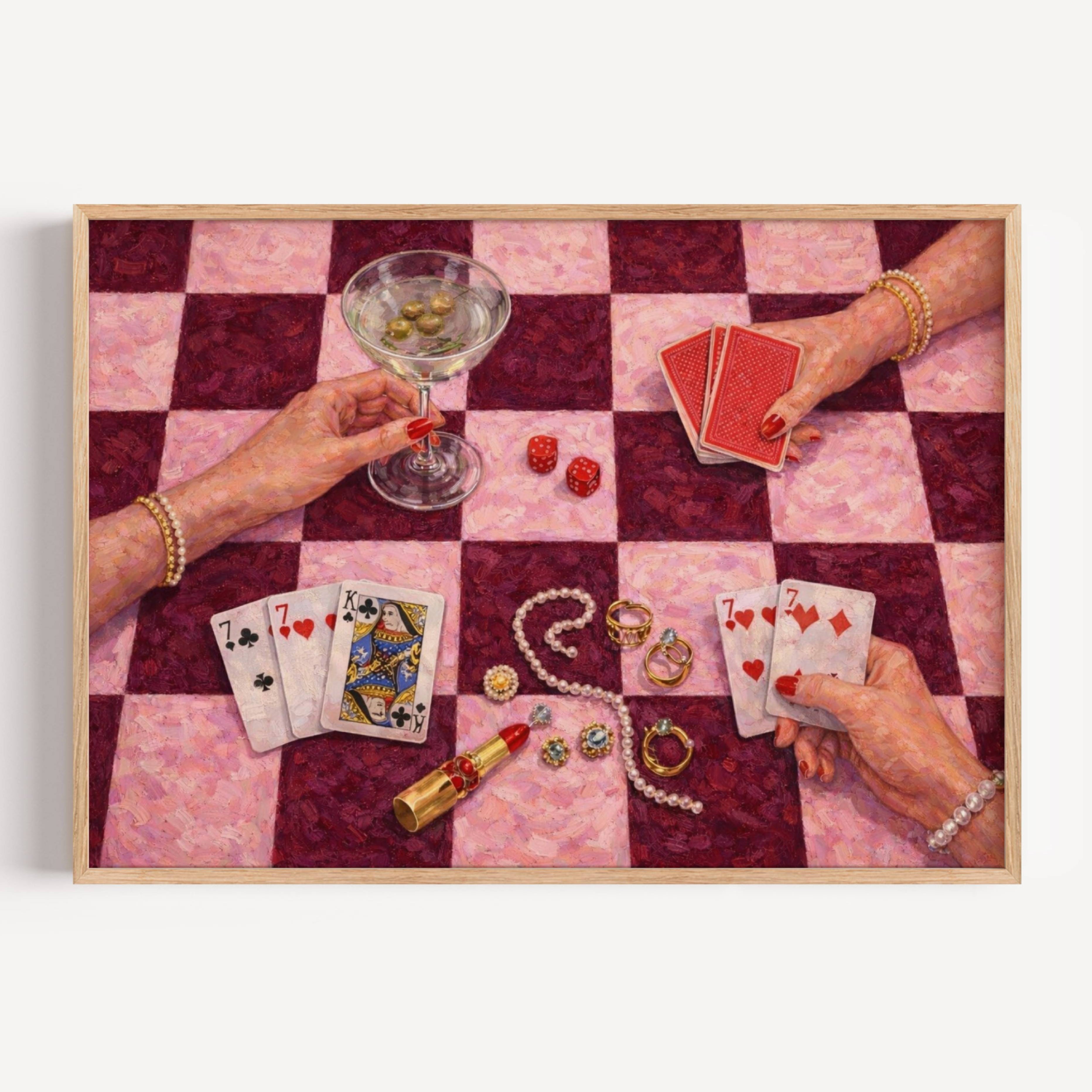 House always wins is a hand painted wall art print featuring a still life table with hands playing card games, in checkerboard pink and burgundy tones, inspired by Poker Night Casino aesthetic, Martinis and feminine rituals, celebrating poker, pearls and playful luxury. Horizontal poker night casino still life table oil painting wall art print