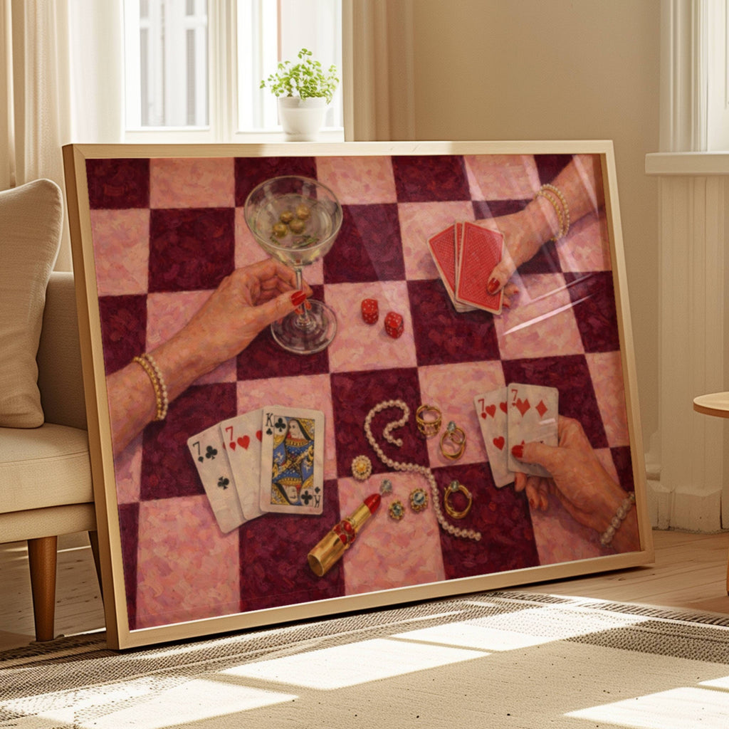 House always wins is a hand painted wall art print featuring a still life table with hands playing card games, in checkerboard pink and burgundy tones, inspired by Poker Night Casino aesthetic, Martinis and feminine rituals, celebrating poker, pearls and playful luxury. Horizontal poker night casino still life table oil painting wall art print
