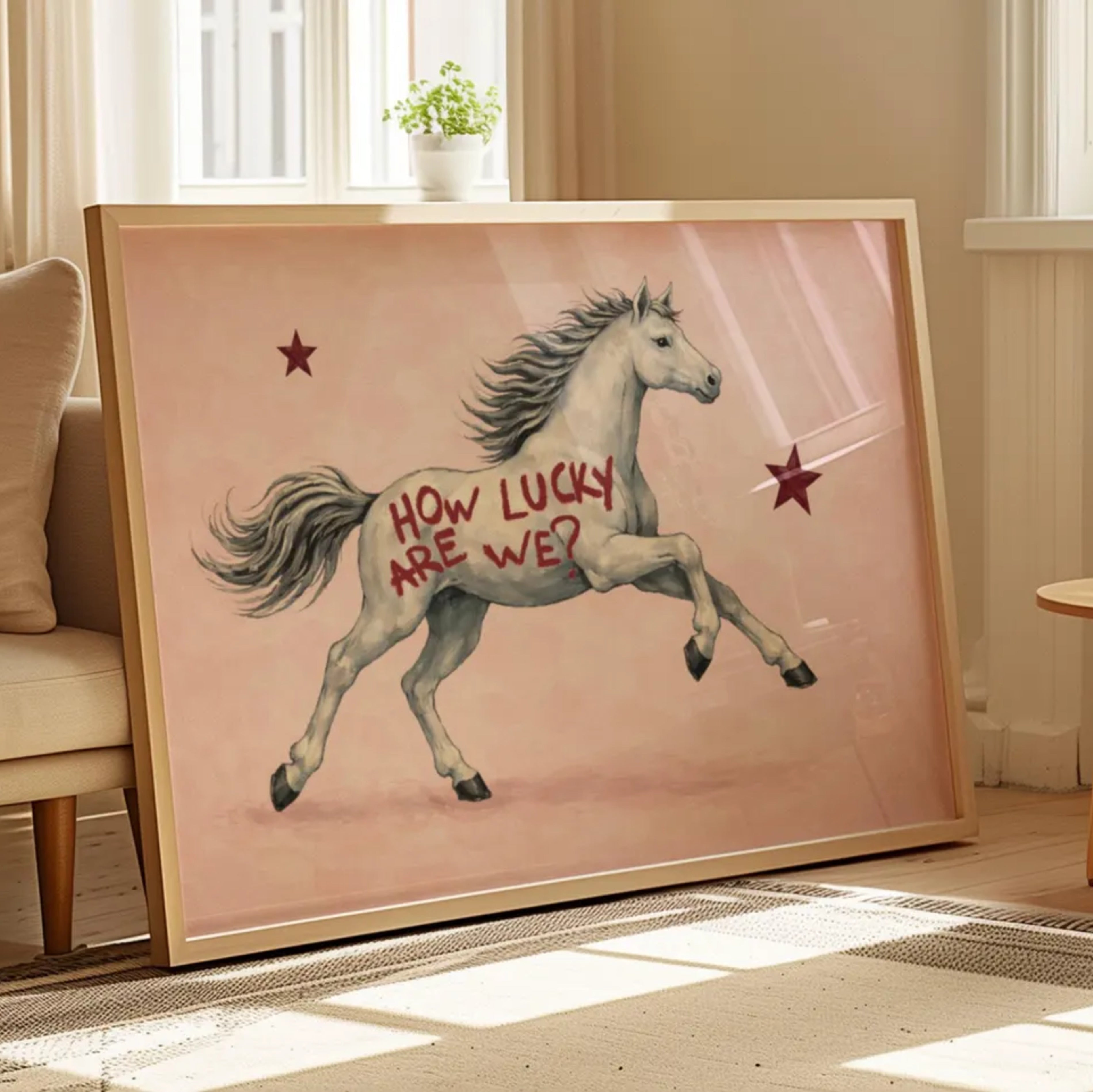 Symbolic Eclectic White Horse with red stars and handwritten quote "How Lucky Are We?" on a soft pink background. This is a hand drawn Contemporary Folk art Print Oil Painting.