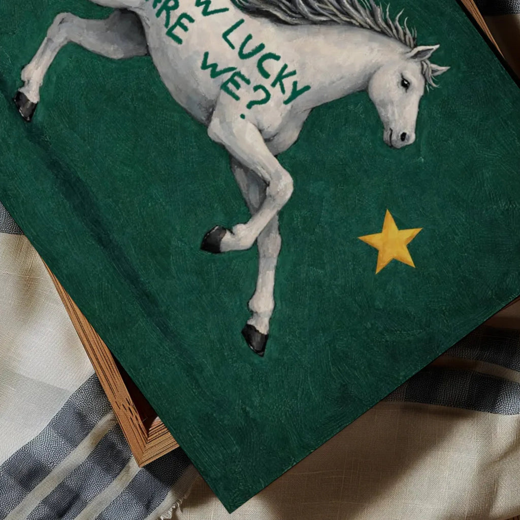 Symbolic Eclectic White Horse with stars and handwritten quote "How Lucky Are We?" on a emerald green background. This is a hand drawn Contemporary Folk art Print Oil Painting.