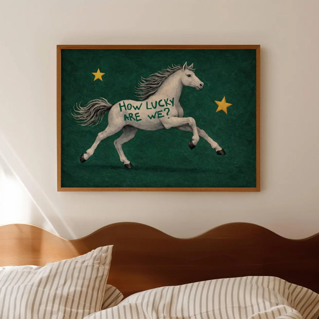 Symbolic Eclectic White Horse with stars and handwritten quote "How Lucky Are We?" on a emerald green background. This is a hand drawn Contemporary Folk art Print Oil Painting.