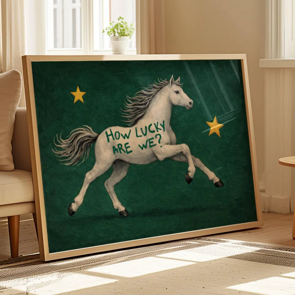 Symbolic Eclectic White Horse with stars and handwritten quote "How Lucky Are We?" on a emerald green background. This is a hand drawn Contemporary Folk art Print Oil Painting.