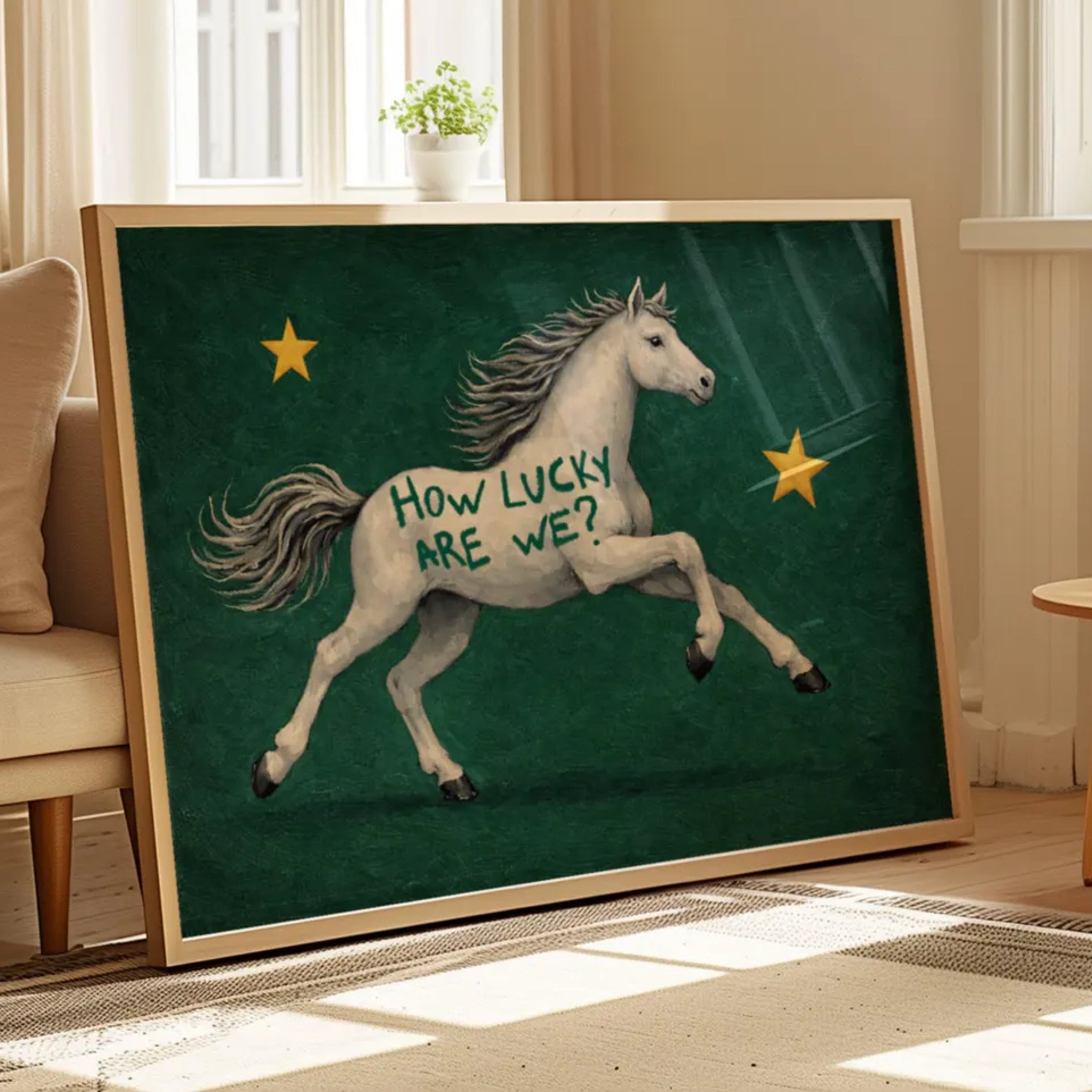 Symbolic Eclectic White Horse with stars and handwritten quote "How Lucky Are We?" on a emerald green background. This is a hand drawn Contemporary Folk art Print Oil Painting.