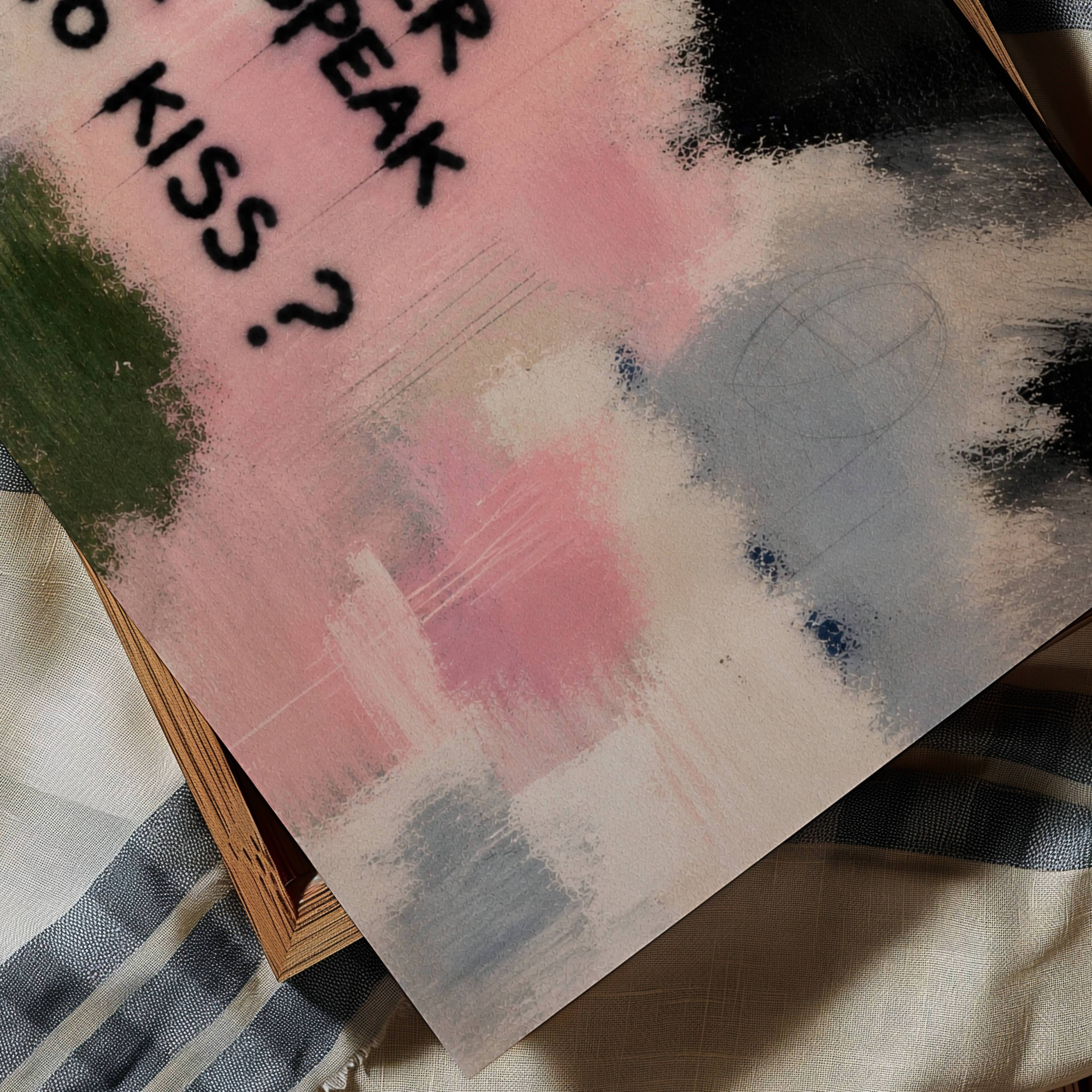 hand drawn Trendy typography abstract print with the motivational quote "IS IT BETTER TO SPEAK OR TO KISS" in a textured abstract painted canva in pink colors. This is a trendy grafitti style typography wall art print ideal for above bed, bedrooms, dorm room decor, living rooms and kitchens, gallery walls and playful interiors. The perfect Cool Girl Apartment decor
