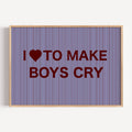 hand drawn Playful Funny typography print with the phrase "I LOVE TO MAKE BOYS CRY" in a retro striped blue and ruby canva. This is a trendy funny typography wall art print ideal for above bed, bedrooms, dorm room decor, living rooms and kitchens, gallery walls and playful interiors. The perfect Cool Girl Apartment decor