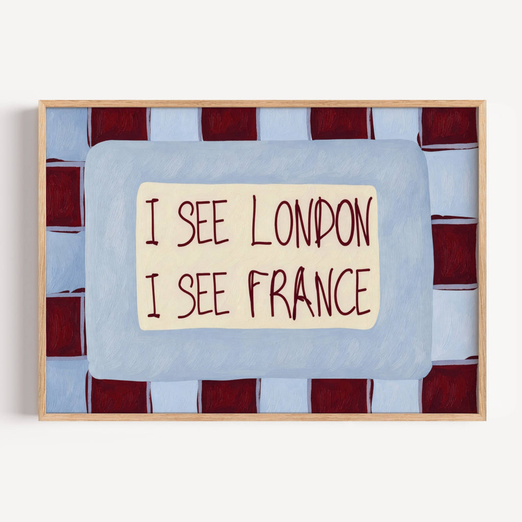 I SEE LONDON I SEE FRANCE is a whimsical Retro typography art print designed to bring humour, colour and personality into your bathroom and laundry room. Featuring vintage-inspired Checkered patterns and hand-lettered typography, this artwork captures the nostalgic charm while adding a playful decorative touch to modern interiors. this is a hand drawn Retro quote wall art, ideal for bathrooms, laundry room decor, and cheeky playful interiors. Blue burgundy
