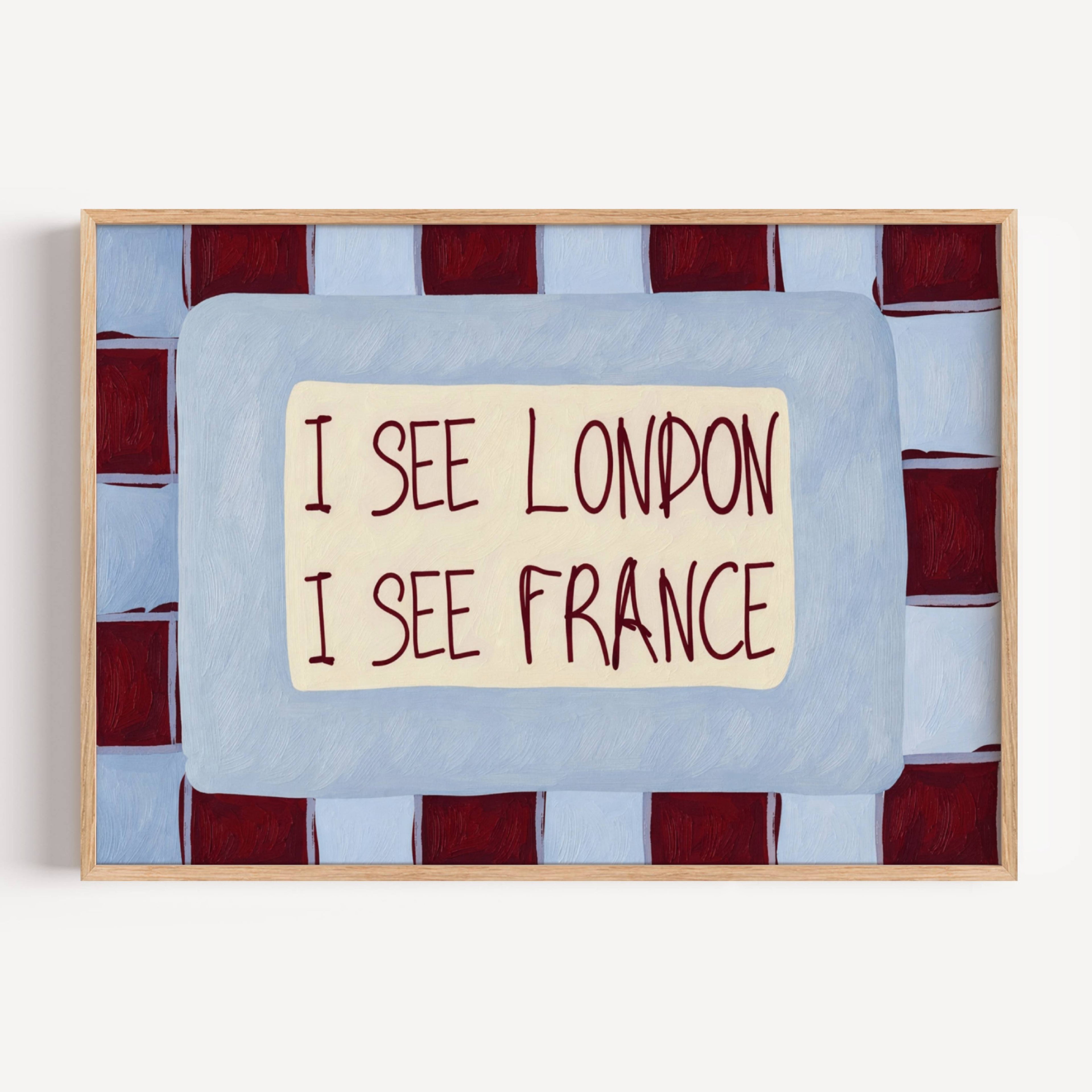I SEE LONDON I SEE FRANCE is a whimsical Retro typography art print designed to bring humour, colour and personality into your bathroom and laundry room. Featuring vintage-inspired Checkered patterns and hand-lettered typography, this artwork captures the nostalgic charm while adding a playful decorative touch to modern interiors. this is a hand drawn Retro quote wall art, ideal for bathrooms, laundry room decor, and cheeky playful interiors. Blue burgundy