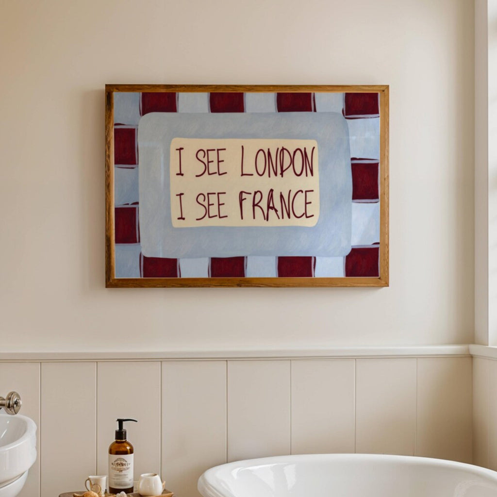 I SEE LONDON I SEE FRANCE is a whimsical Retro typography art print designed to bring humour, colour and personality into your bathroom and laundry room. Featuring vintage-inspired Checkered patterns and hand-lettered typography, this artwork captures the nostalgic charm while adding a playful decorative touch to modern interiors. this is a hand drawn Retro quote wall art, ideal for bathrooms, laundry room decor, and cheeky playful interiors. Blue burgundy