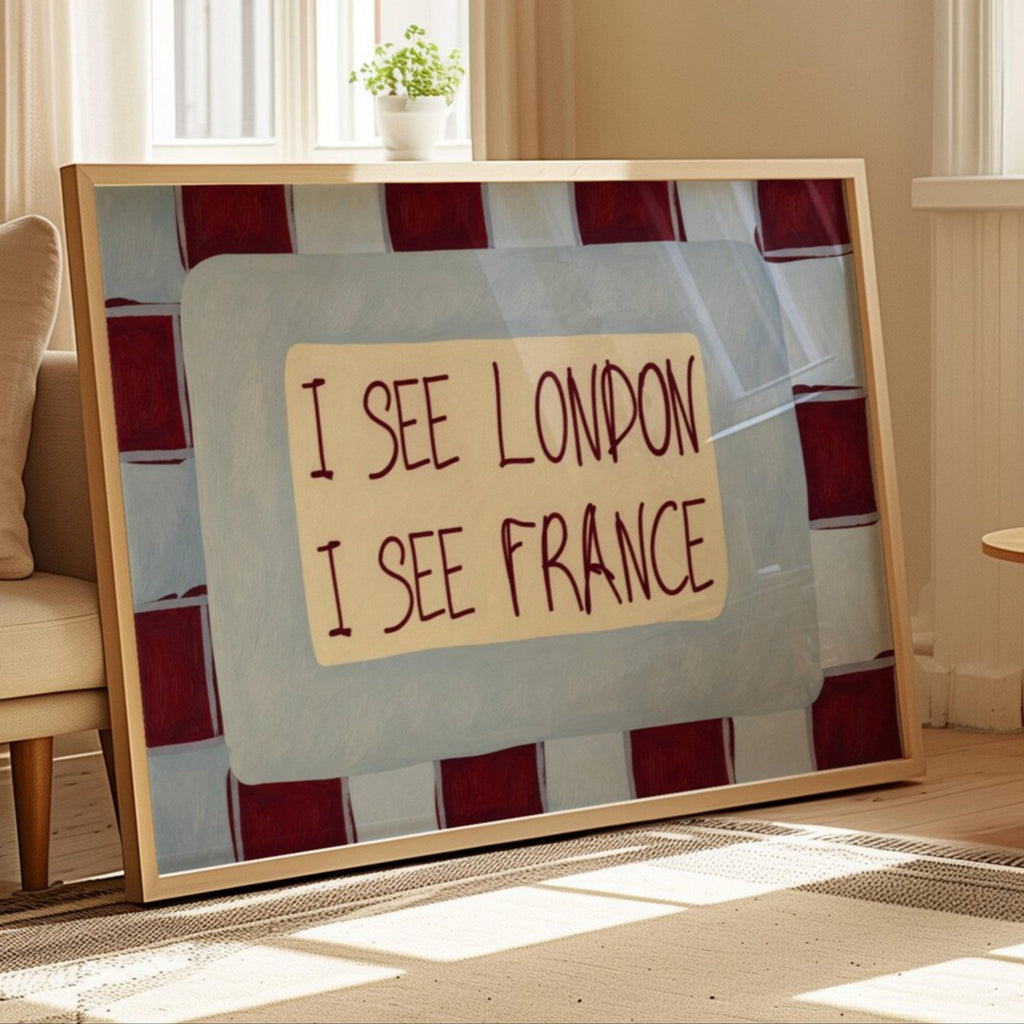 I SEE LONDON I SEE FRANCE is a whimsical Retro typography art print designed to bring humour, colour and personality into your bathroom and laundry room. Featuring vintage-inspired Checkered patterns and hand-lettered typography, this artwork captures the nostalgic charm while adding a playful decorative touch to modern interiors. this is a hand drawn Retro quote wall art, ideal for bathrooms, laundry room decor, and cheeky playful interiors. Blue burgundy