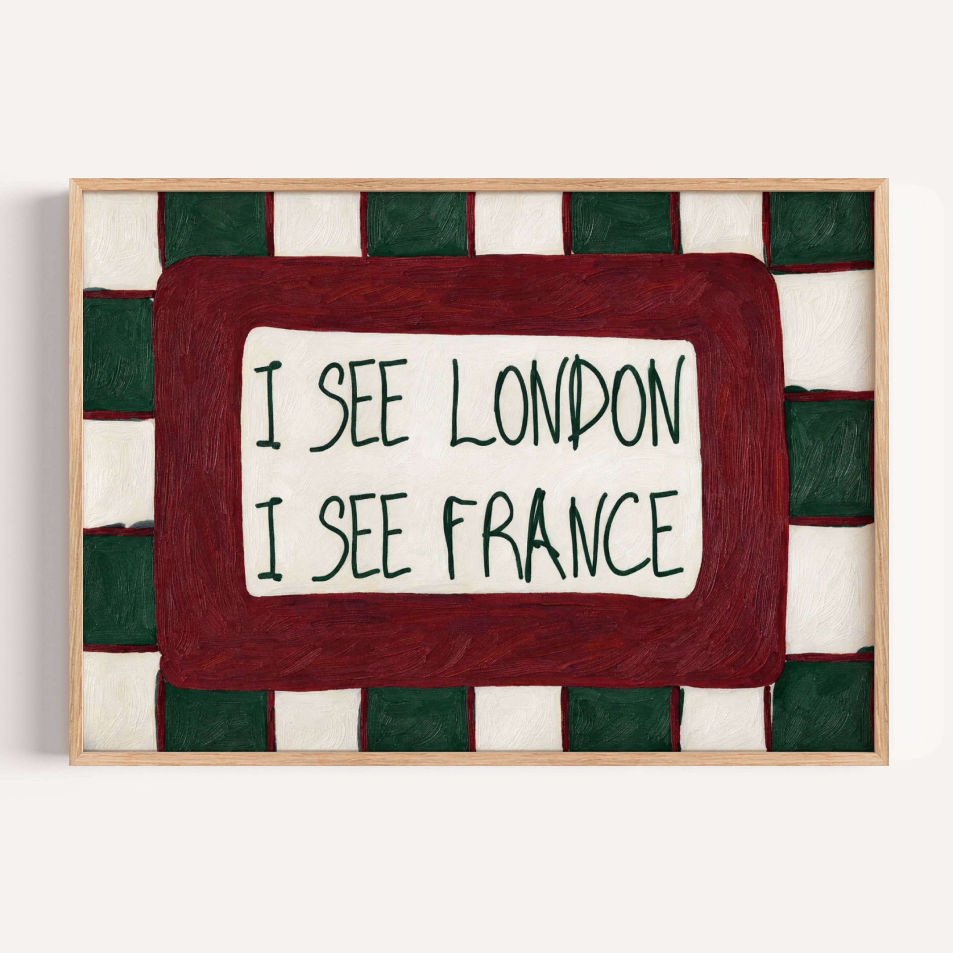 I SEE LONDON I SEE FRANCE is a whimsical Retro typography art print designed to bring humour, colour and personality into your bathroom and laundry room. Featuring vintage-inspired Checkered patterns and hand-lettered typography, this artwork captures the nostalgic charm while adding a playful decorative touch to modern interiors. this is a hand drawn Retro quote wall art, ideal for bathrooms, laundry room decor, and cheeky playful interiors. khaki burgundy