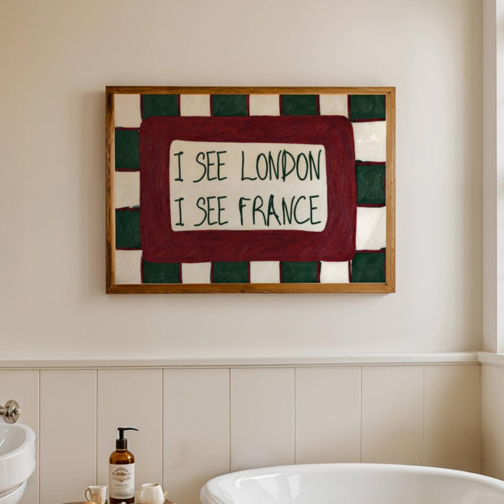 I SEE LONDON I SEE FRANCE is a whimsical Retro typography art print designed to bring humour, colour and personality into your bathroom and laundry room. Featuring vintage-inspired Checkered patterns and hand-lettered typography, this artwork captures the nostalgic charm while adding a playful decorative touch to modern interiors. this is a hand drawn Retro quote wall art, ideal for bathrooms, laundry room decor, and cheeky playful interiors. khaki burgundy