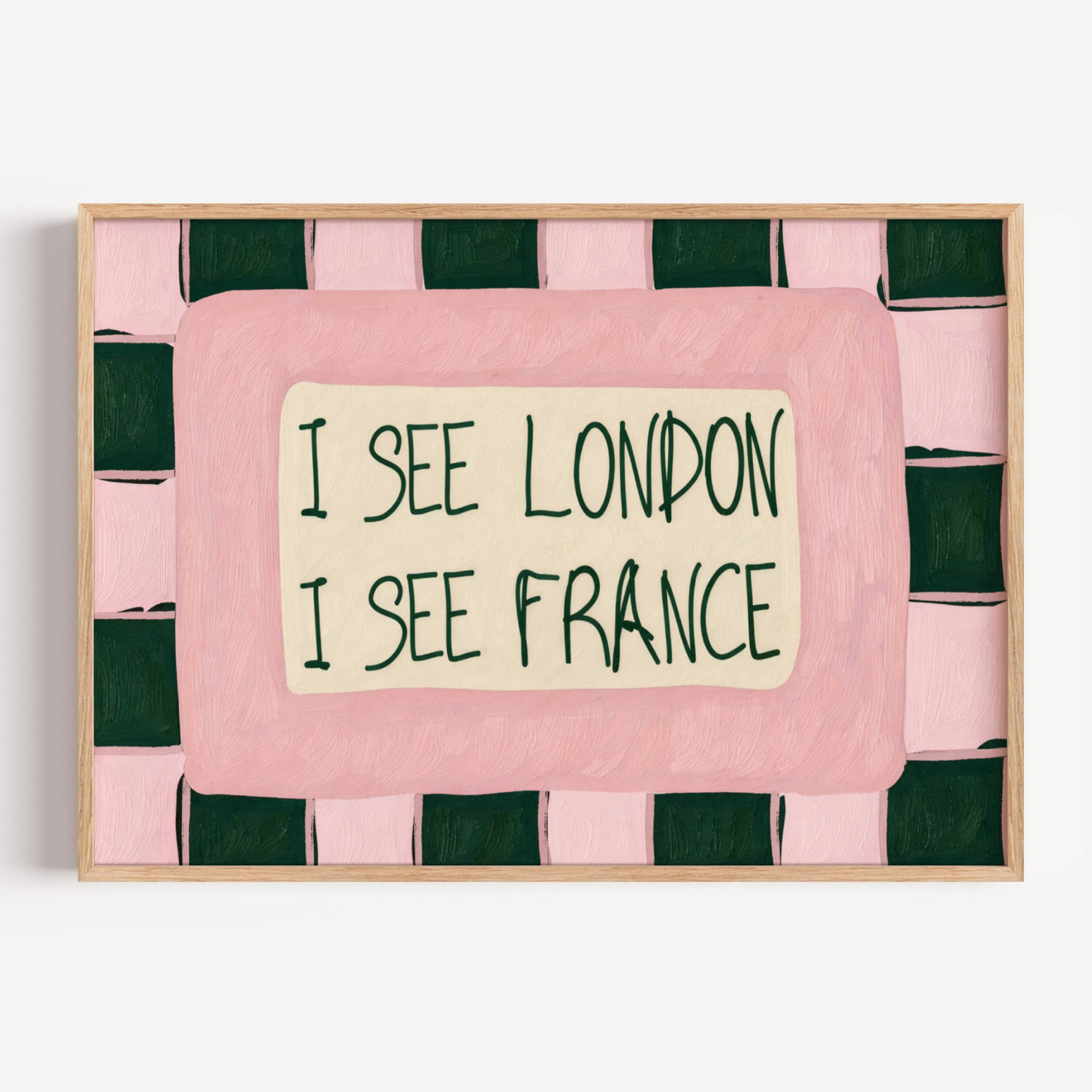 I SEE LONDON I SEE FRANCE is a whimsical Retro typography art print designed to bring humour, colour and personality into your bathroom and laundry room. Featuring vintage-inspired Checkered patterns and hand-lettered typography, this artwork captures the nostalgic charm while adding a playful decorative touch to modern interiors. this is a hand drawn Retro quote wall art, ideal for bathrooms, laundry room decor, and cheeky playful interiors. pink green