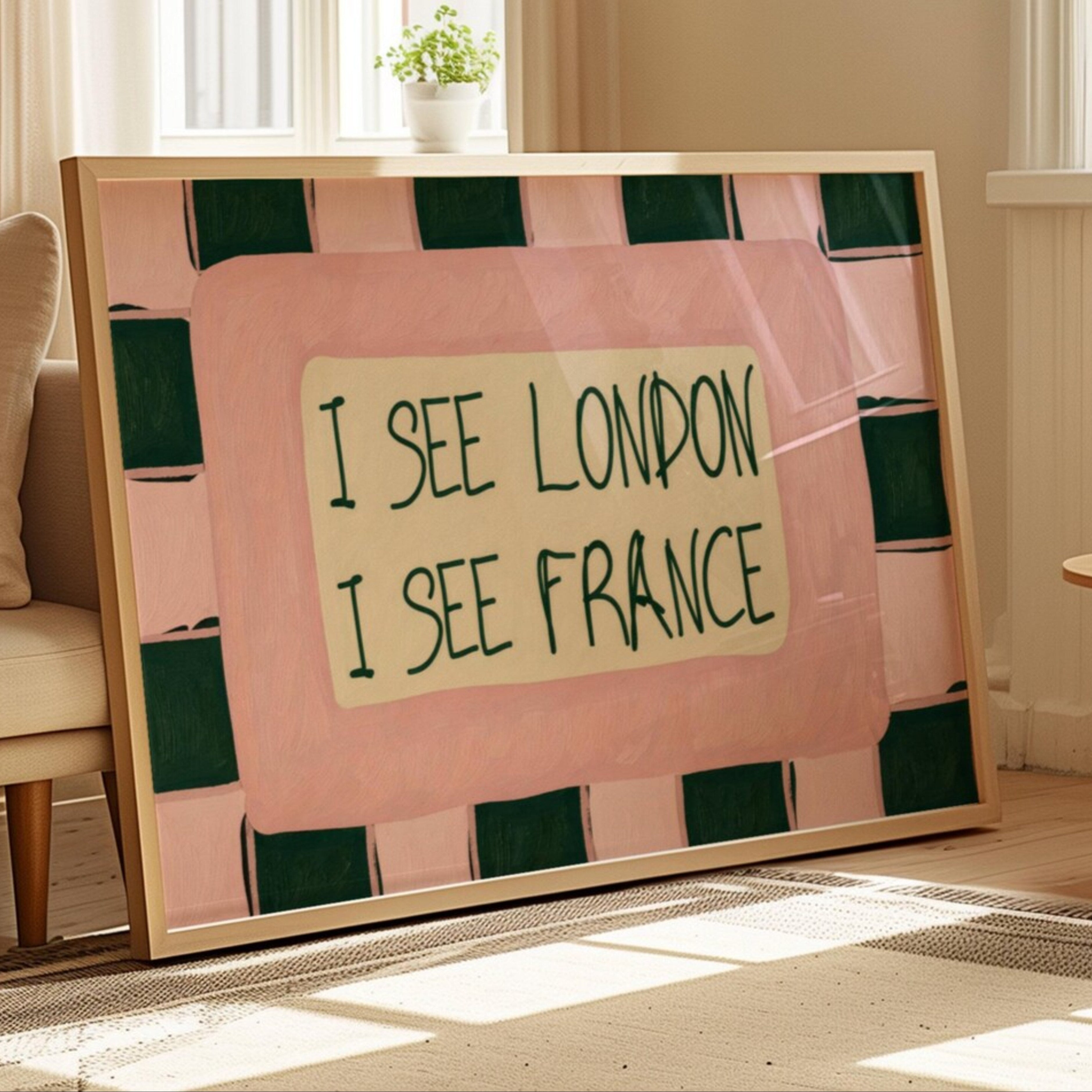 I SEE LONDON I SEE FRANCE is a whimsical Retro typography art print designed to bring humour, colour and personality into your bathroom and laundry room. Featuring vintage-inspired Checkered patterns and hand-lettered typography, this artwork captures the nostalgic charm while adding a playful decorative touch to modern interiors. this is a hand drawn Retro quote wall art, ideal for bathrooms, laundry room decor, and cheeky playful interiors. pink green