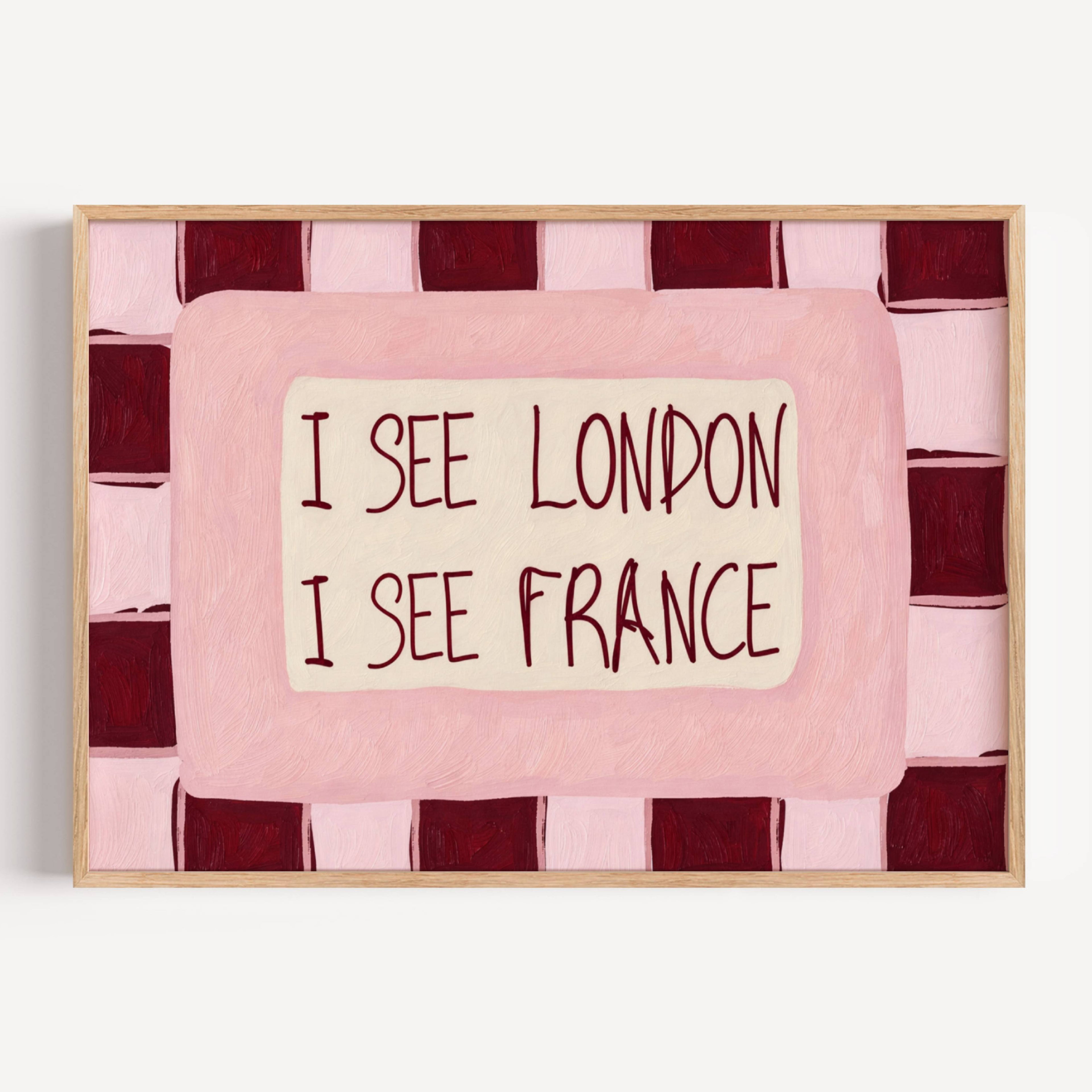 I SEE LONDON I SEE FRANCE is a whimsical Retro typography art print designed to bring humour, colour and personality into your bathroom and laundry room. Featuring vintage-inspired Checkered patterns and hand-lettered typography, this artwork captures the nostalgic charm while adding a playful decorative touch to modern interiors. this is a hand drawn Retro quote wall art, ideal for bathrooms, laundry room decor, and cheeky playful interiors. pink burgundy